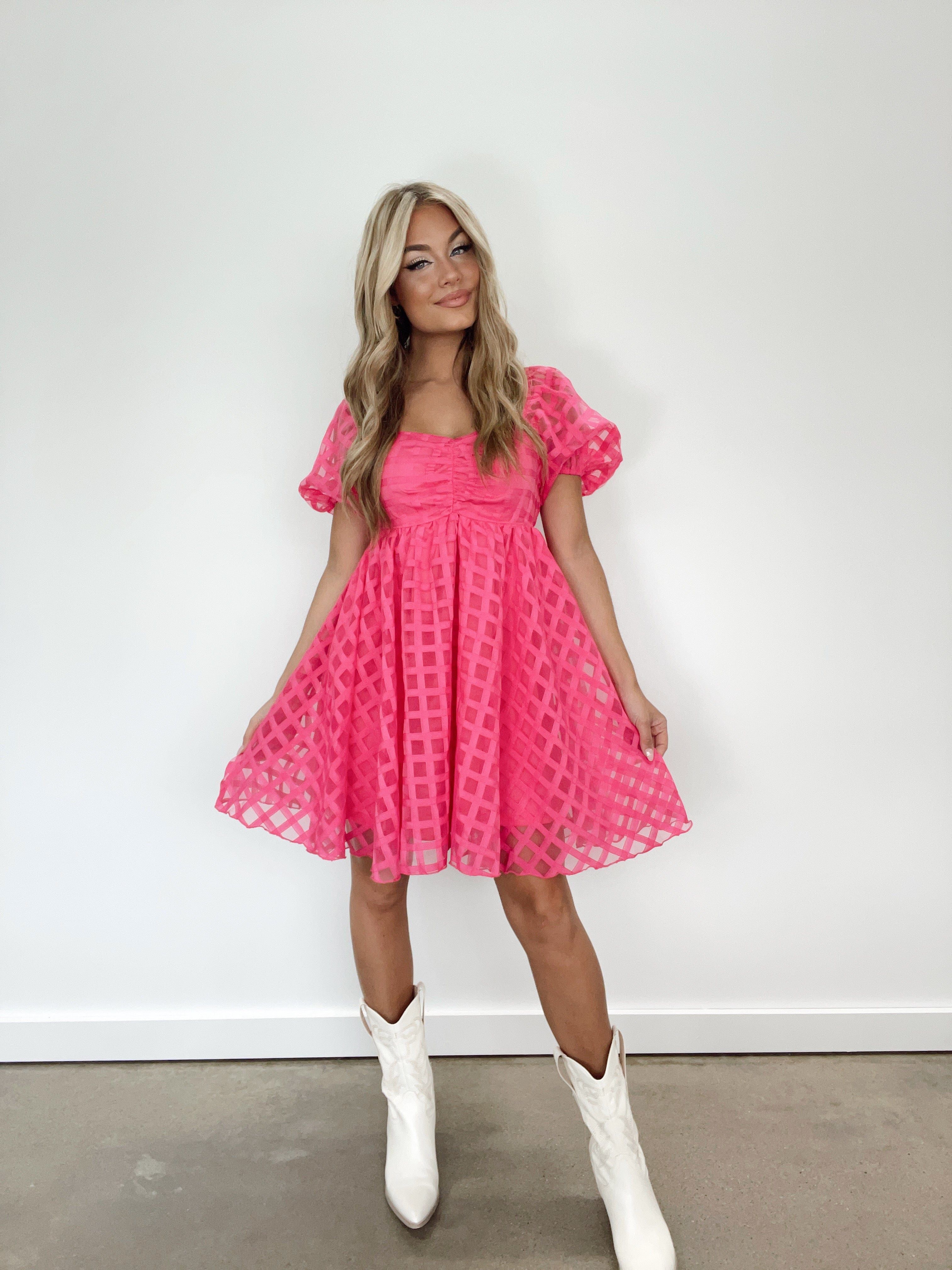 Fuchsia Checkered Babydoll Dress sold by LANE 201 product image thumbnail 3