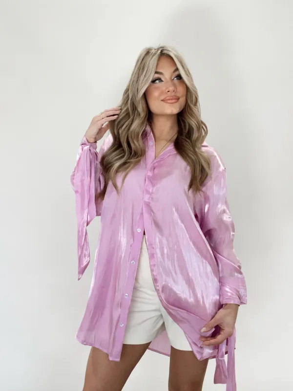 Lilac Shimmer Button Down Top sold by LANE 201