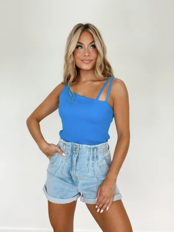 Blue Asymmetric Tank sold by LANE 201