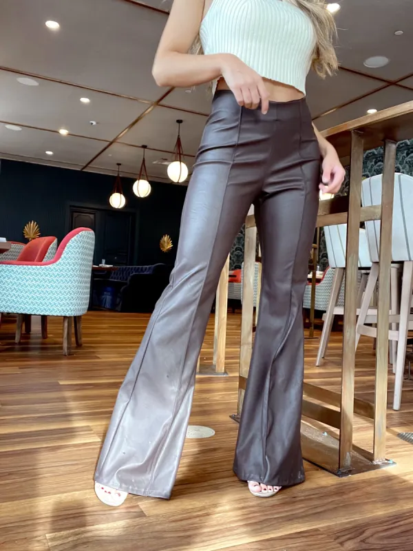 Chocolate Flare Leather Pants sold by LANE 201