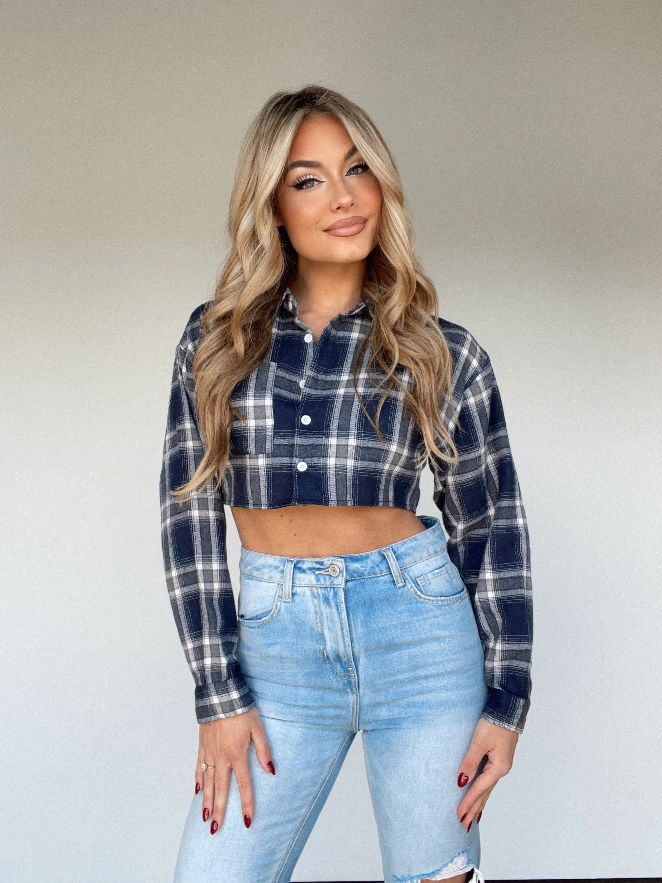 Navy Plaid Crop Top sold by LANE 201 product image thumbnail 3