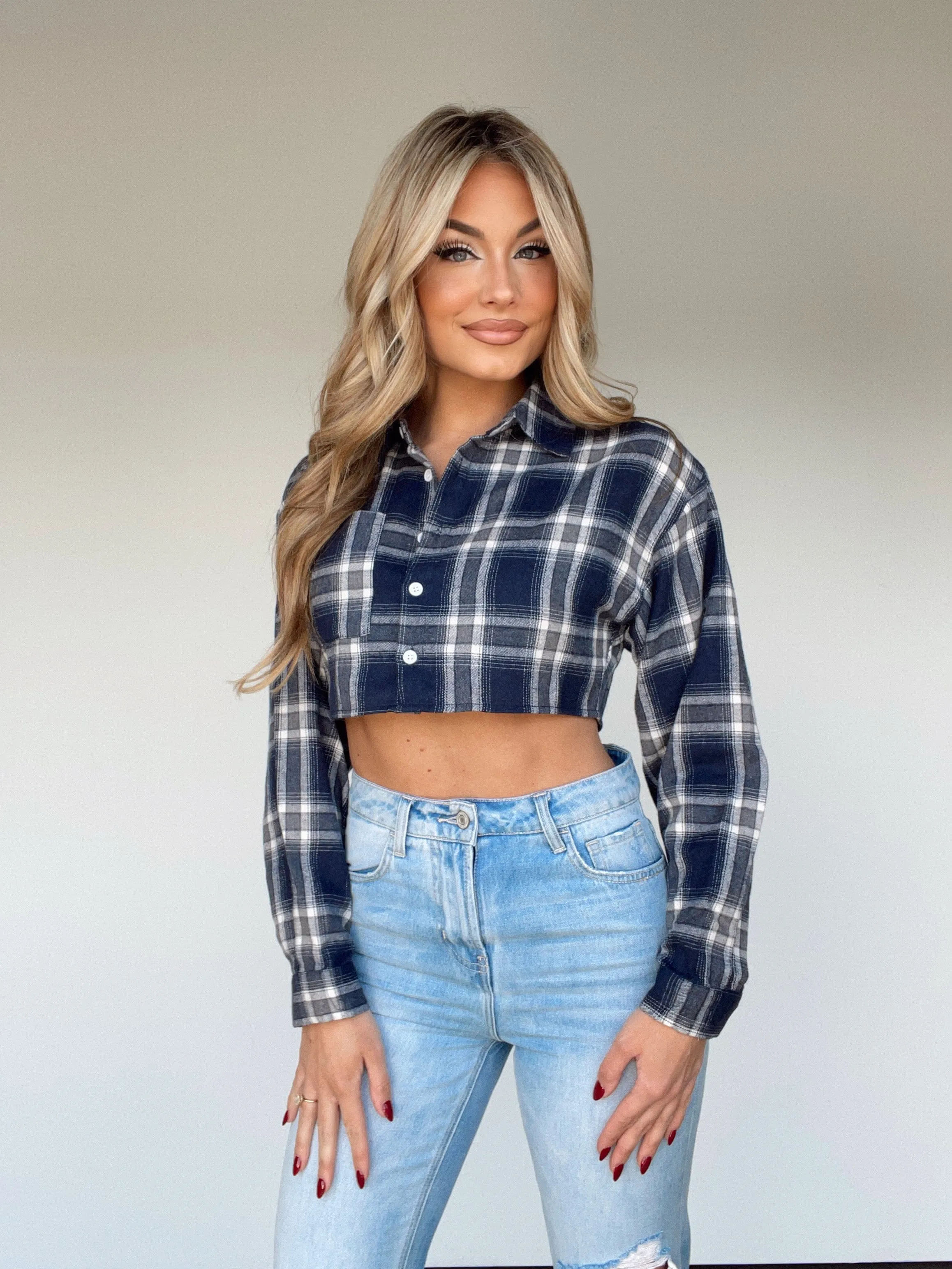 Navy Plaid Crop Top sold by LANE 201 product image thumbnail 4
