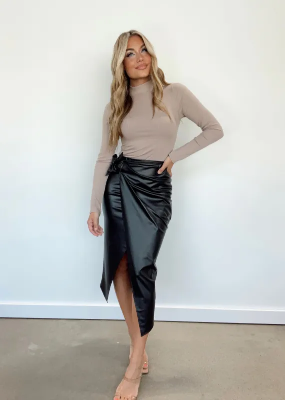 Black Wrap Leather Skirt sold by LANE 201