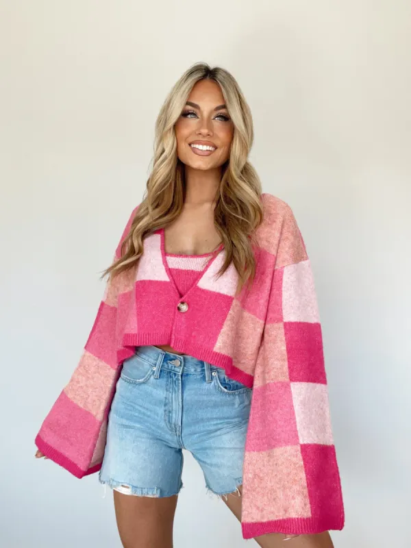 Tickled Pink Checkered Cardigan sold by LANE 201