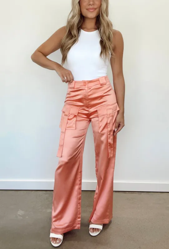 Coral Satin Cargo Pants made by LANE 201
