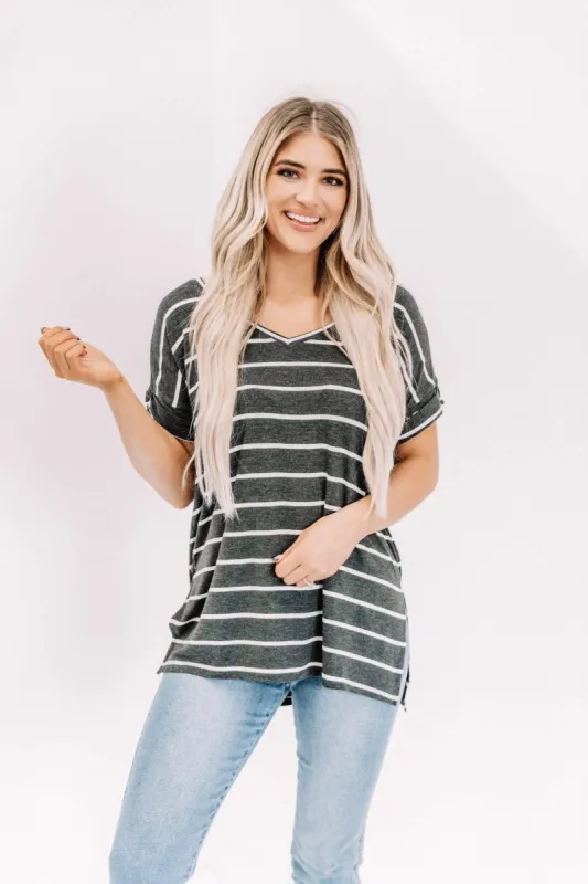 Charcoal/Ivory Striped Cozy Tee sold by LANE 201