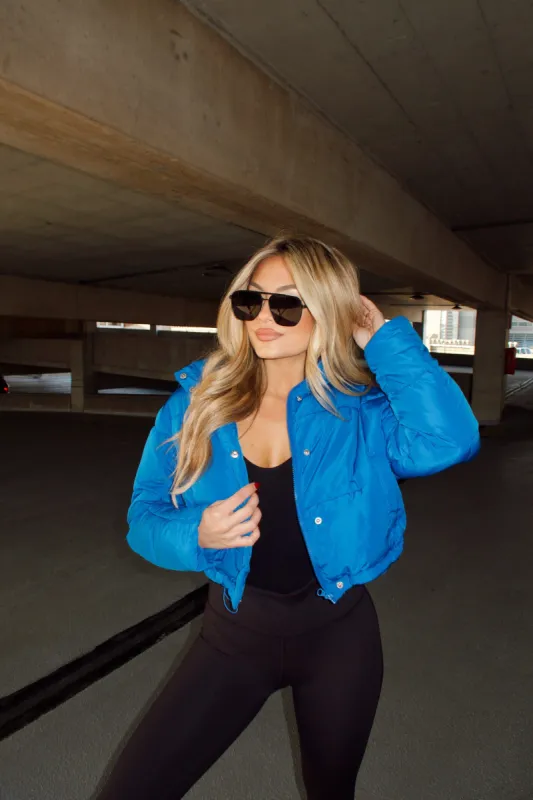 Blue Cropped Puffer sold by LANE 201