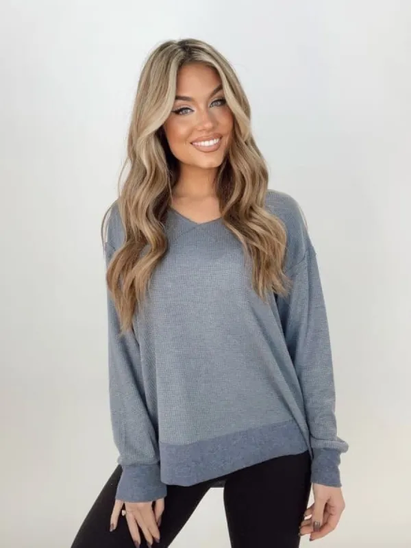 Blue Waffle Knit Top sold by LANE 201