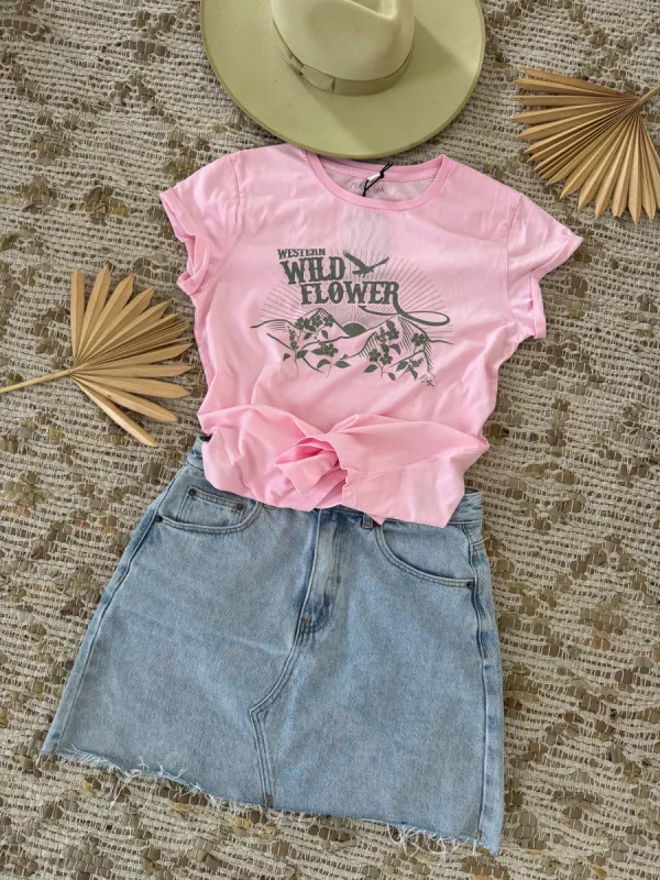 Western Wild Flower Organic Cotton Tee  (Pink) made by Mahiya