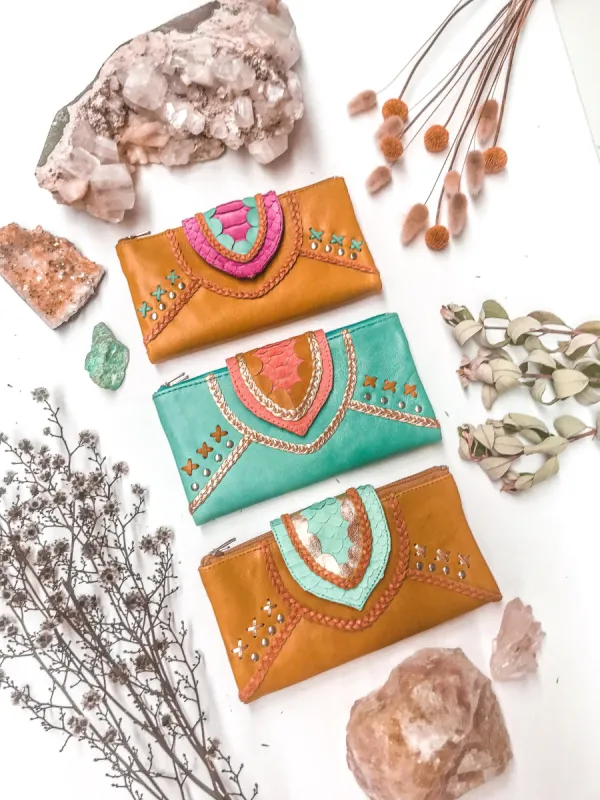 WS - Azire Spring Leather Wallet - Pink / Turquoise / Tan sold by Mahiya