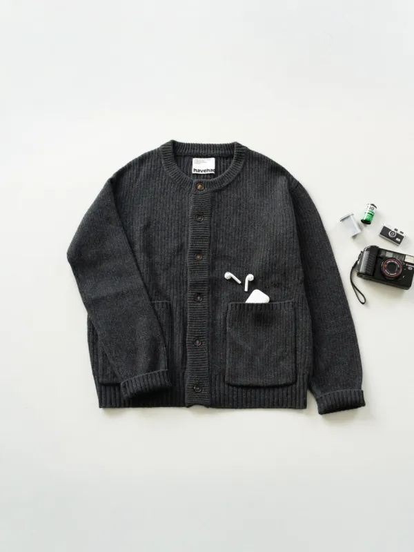 Fine Wool Roundneck Cardigan (Charcoal) made by Havehad