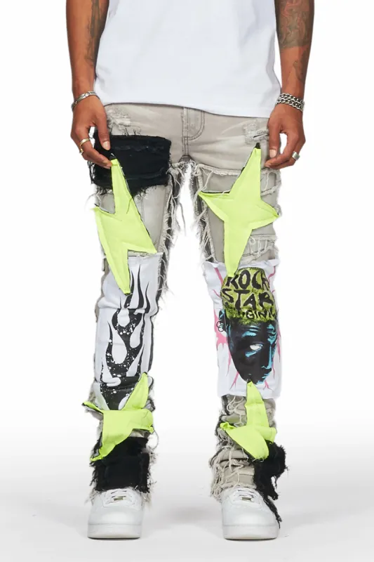 Edgar Grey/Yellow Patchwork Stacked Flare Jean sold by Rockstar Original
