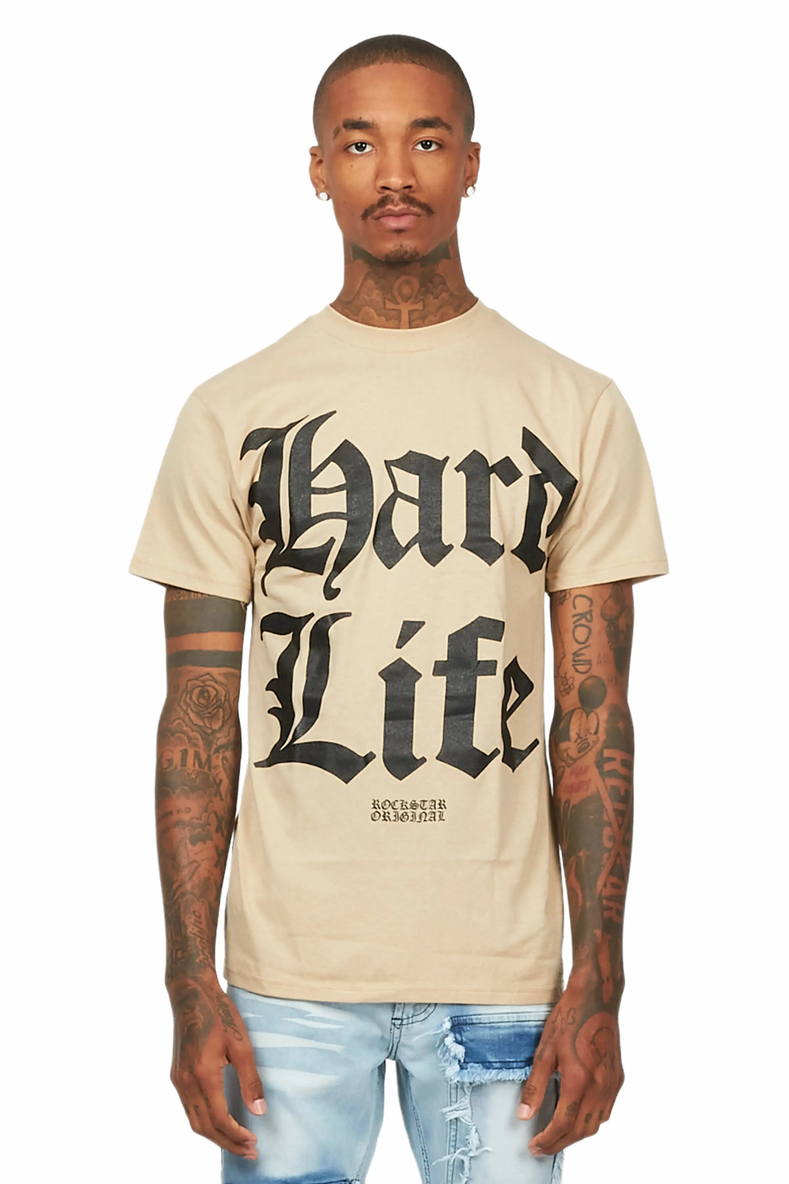 Hard Life Beige Graphic T-Shirt sold by Rockstar Original