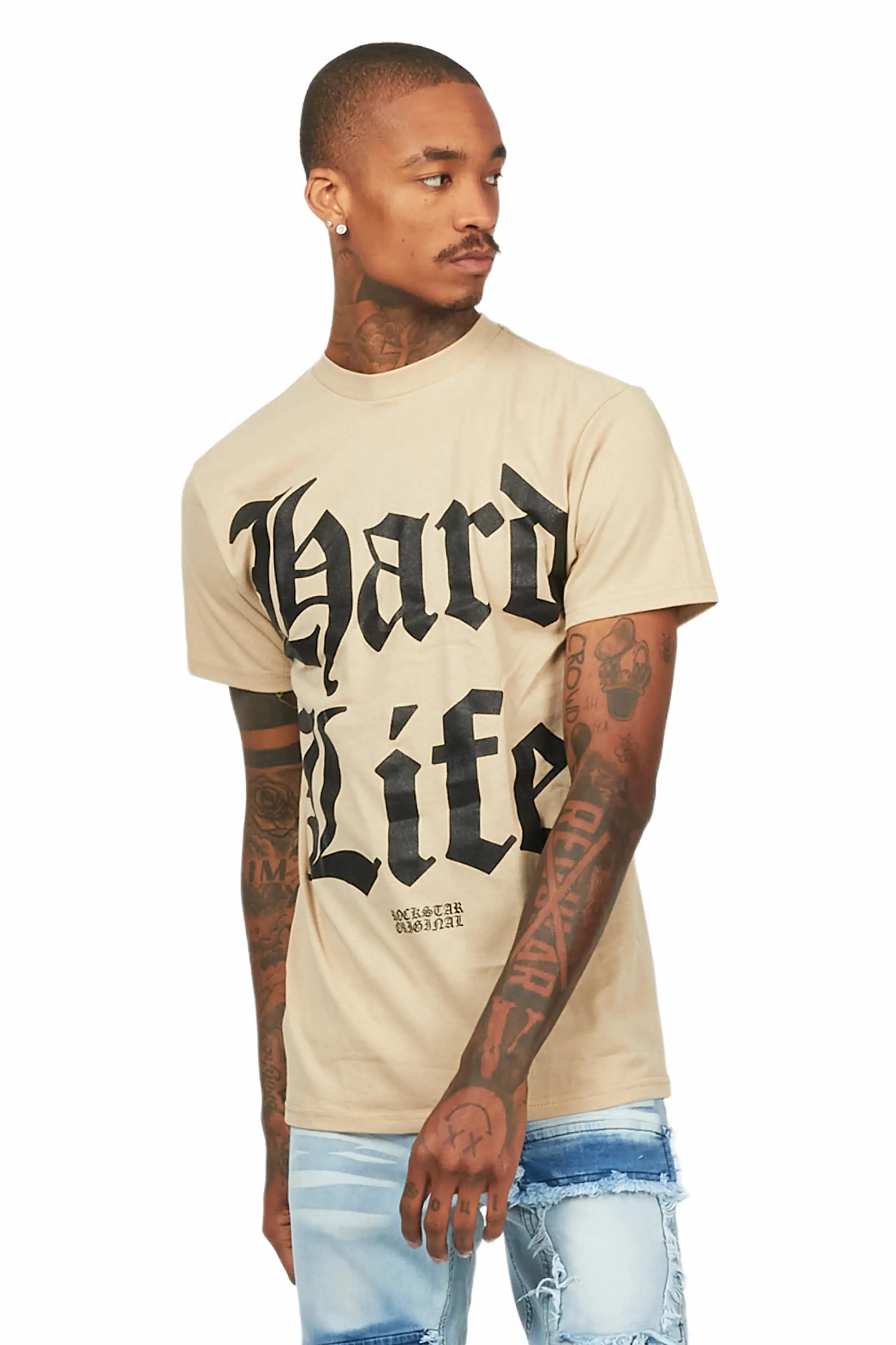 Hard Life Beige Graphic T-Shirt sold by Rockstar Original product image thumbnail 4
