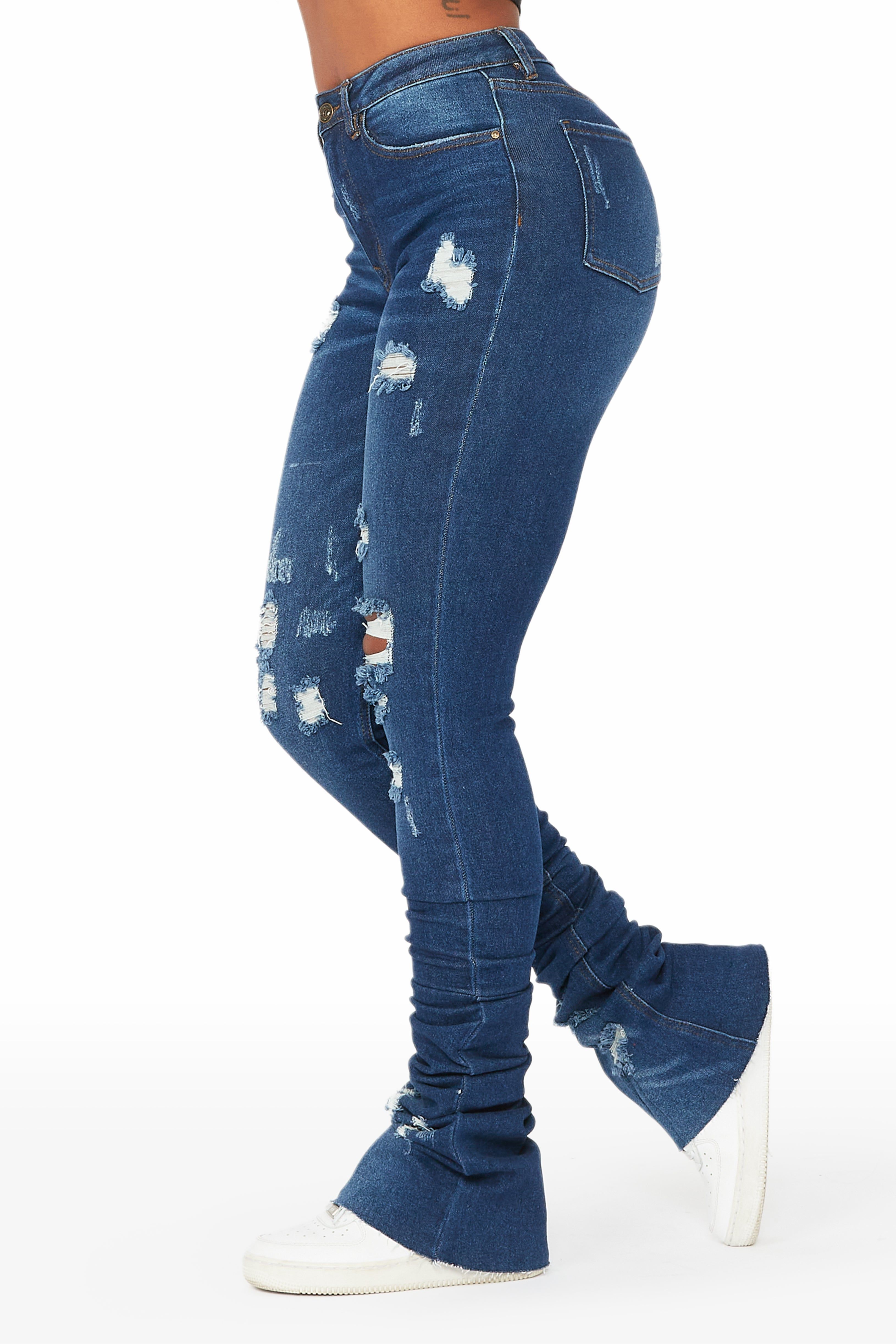 Samire Dark Wash Distressed Super Stacked Jean sold by Rockstar Original