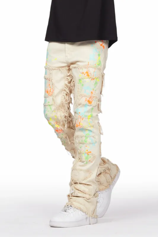 Tacito Beige Painter Stacked Flare Jean sold by Rockstar Original
