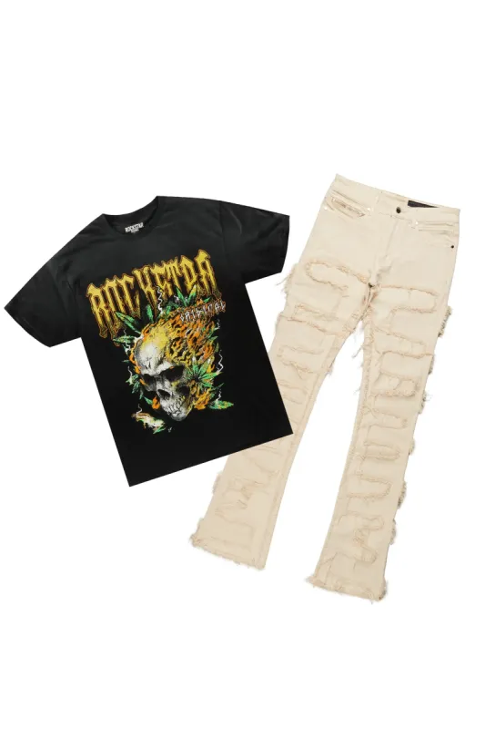 Manitol Black T-Shirt & Shake Beige Stacked Jean Bundle made by Rockstar Original