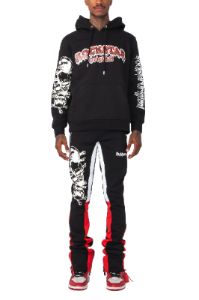 Tabor Black/Red Graphic Hoodie/Stacked Flare Pant Track Set sold by Rockstar Original