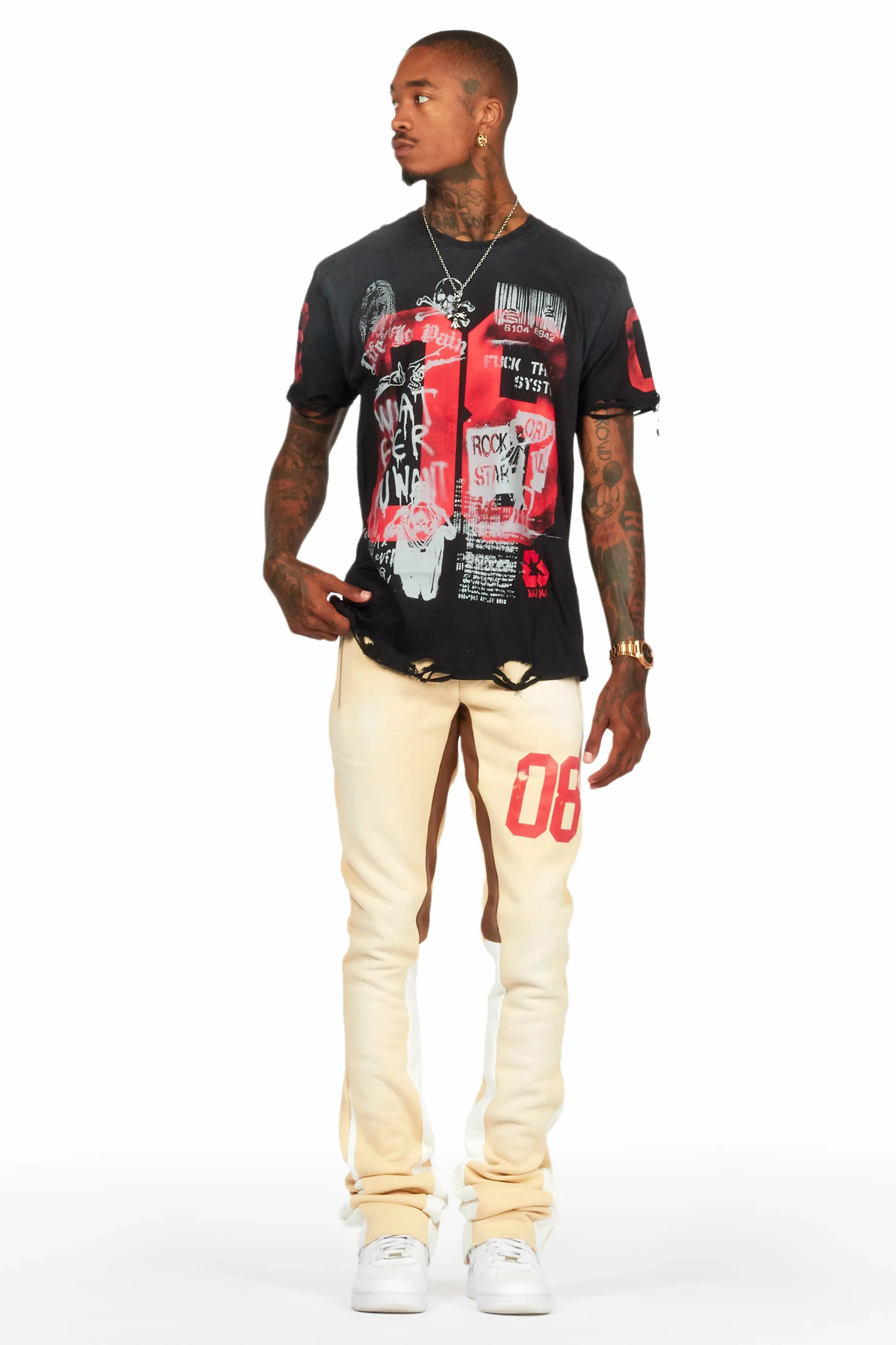 Grill Black/Beige Oversized T-Shirt/Super Stacked Track Set sold by Rockstar Original product image thumbnail 2