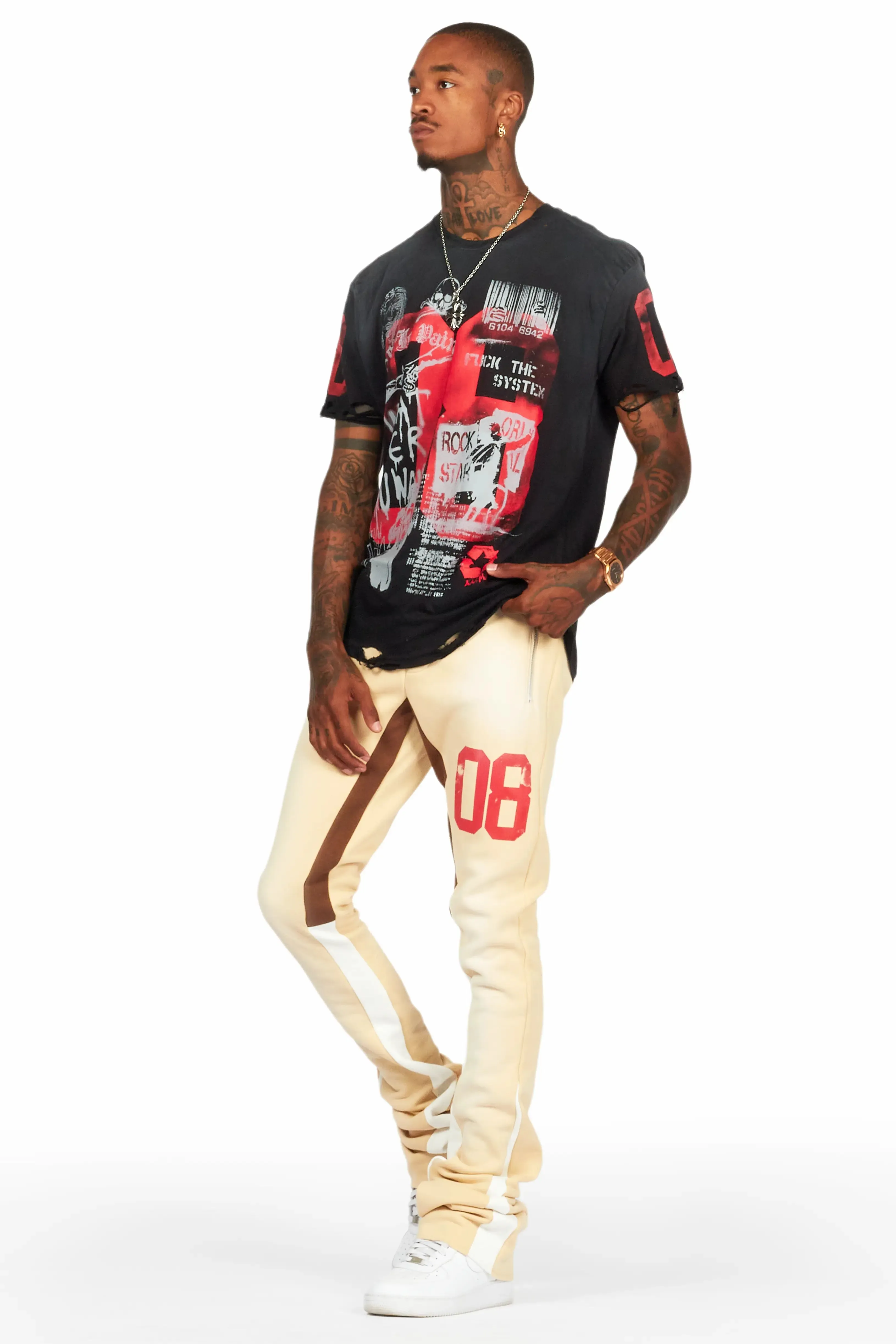 Grill Black/Beige Oversized T-Shirt/Super Stacked Track Set sold by Rockstar Original product image thumbnail 5