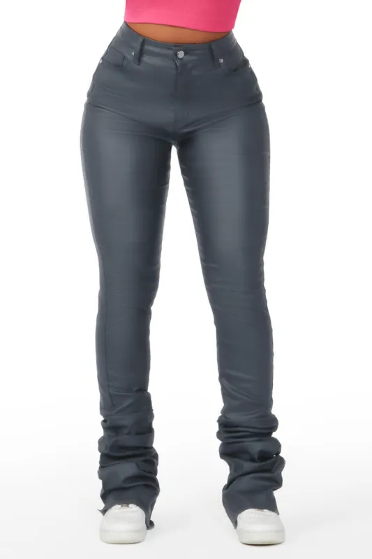 Pay Attention Dark Grey PU Super Stacked Flare Pant sold by Rockstar Original