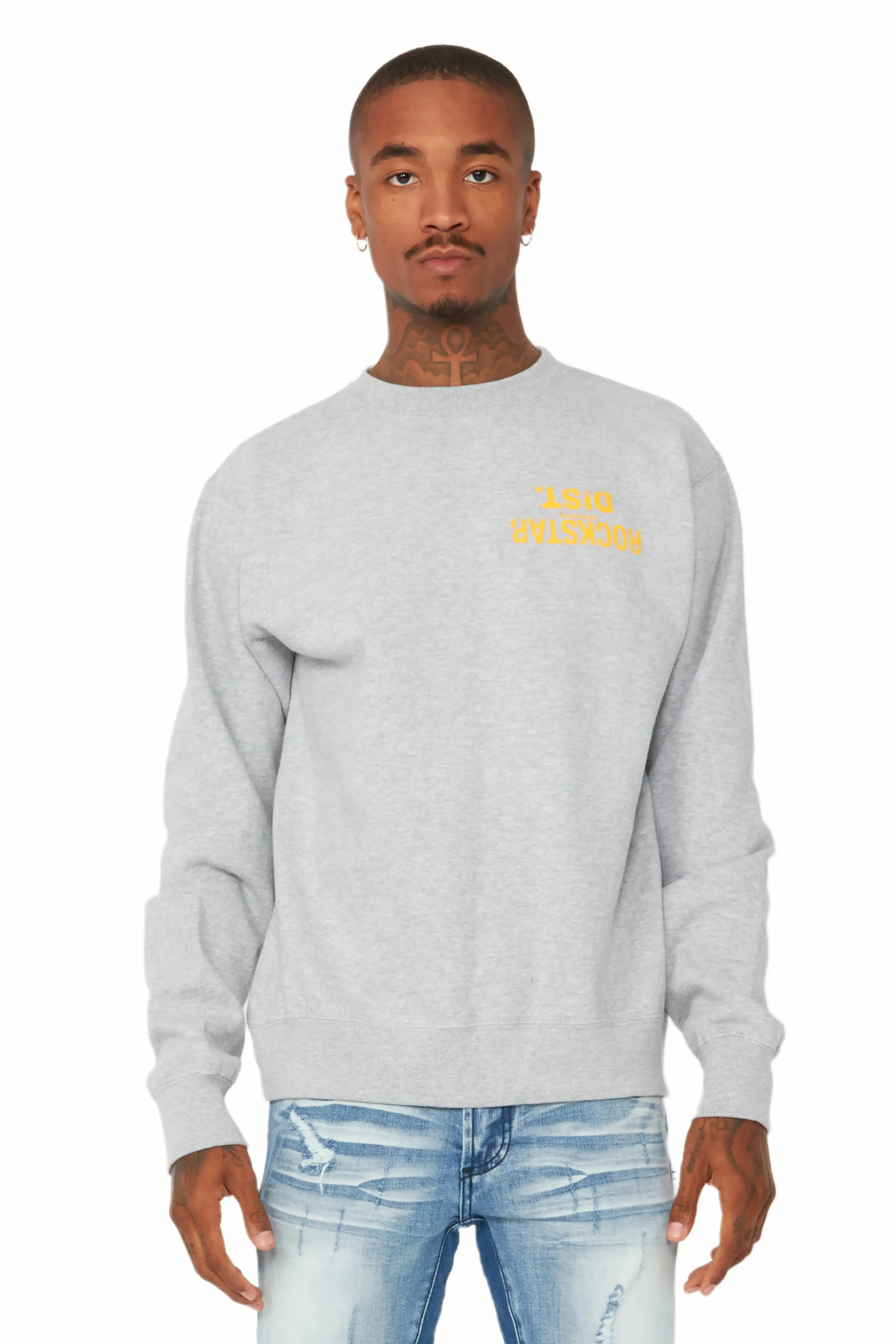 Dist. Town Heather Grey/Yellow Graphic Crewneck sold by Rockstar Original