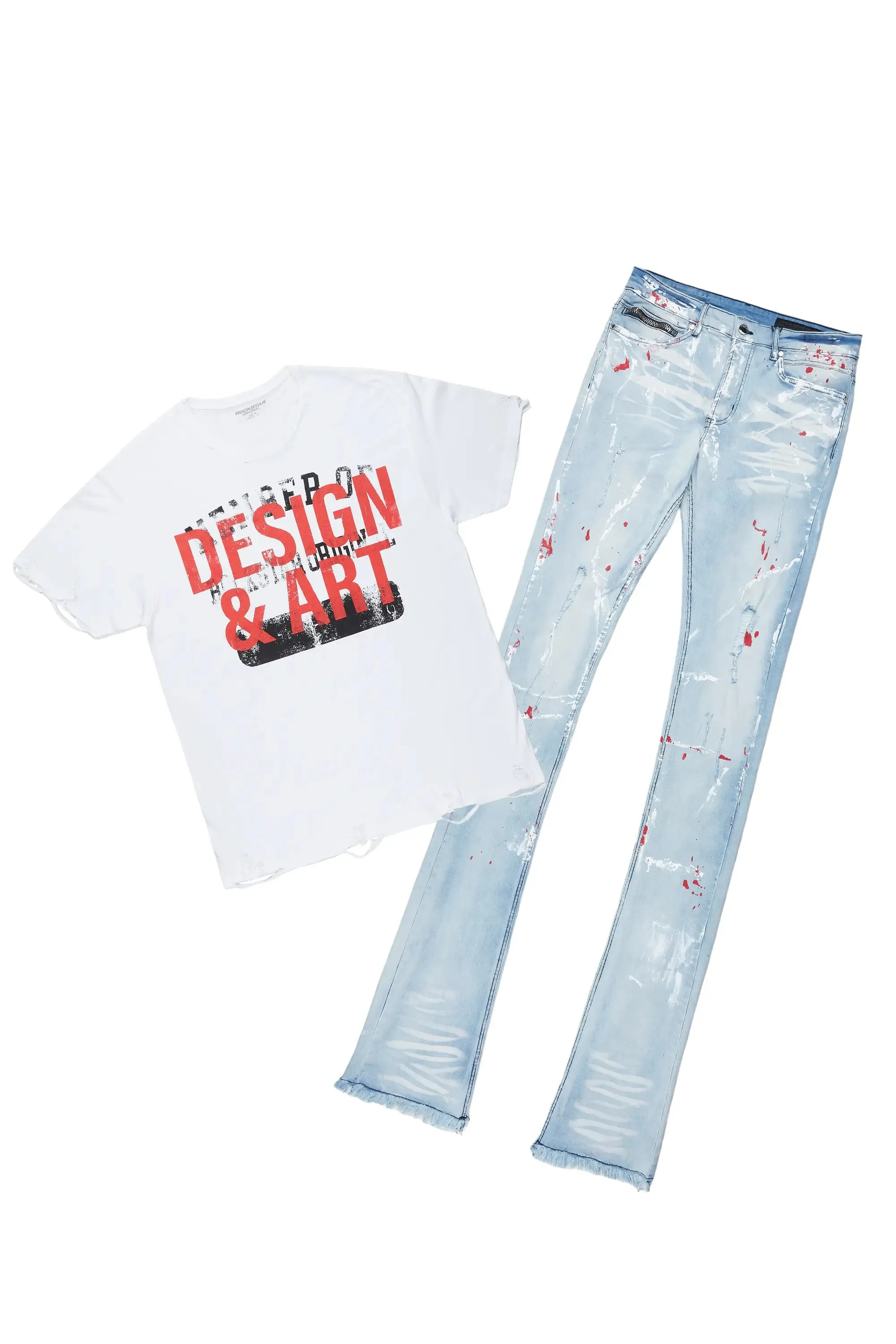 Magar White T-Shirt/Super Stacked Flare Jean Set sold by Rockstar Original
