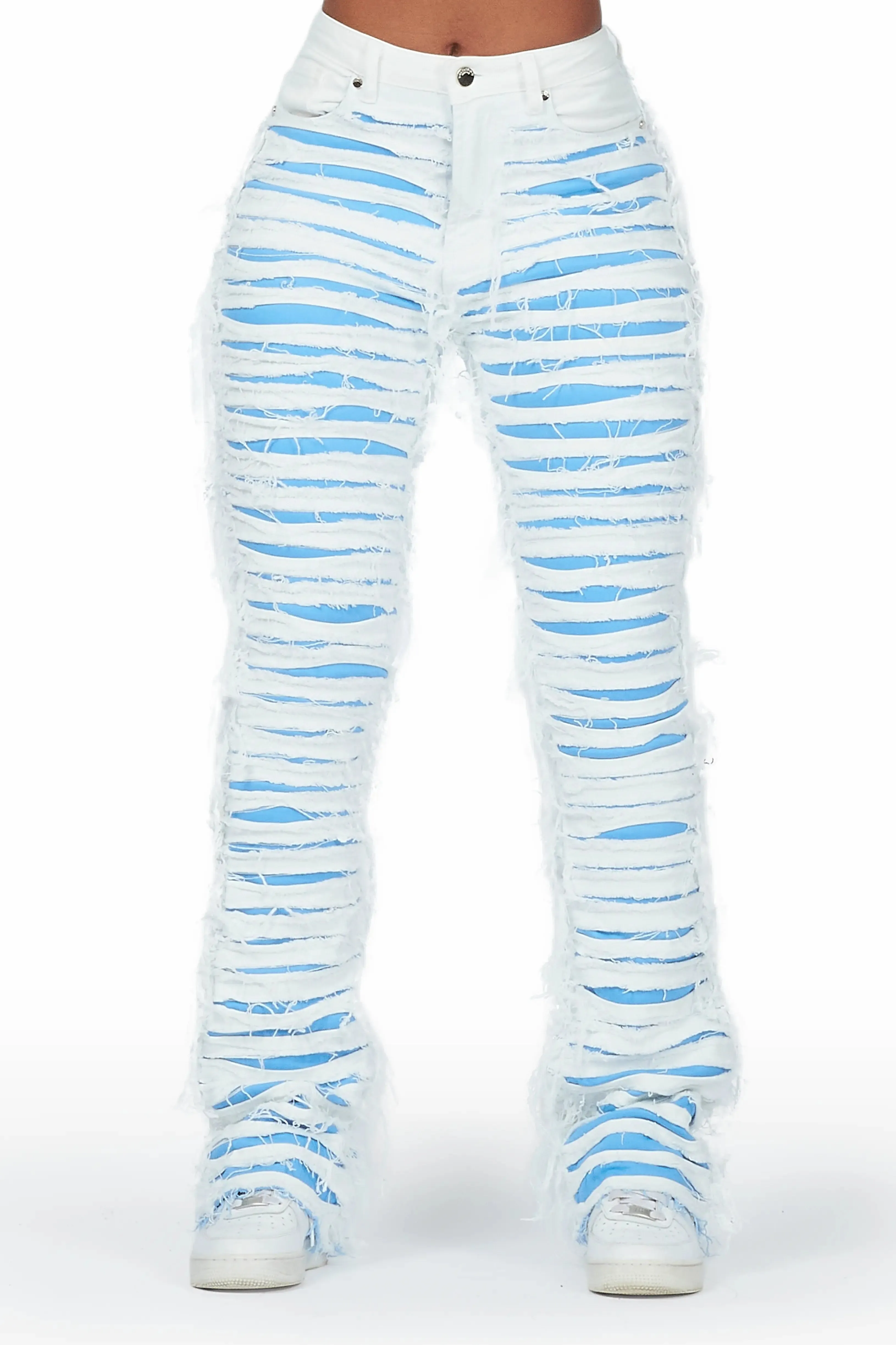Melany White/Blue Stacked Flared Jean sold by Rockstar Original