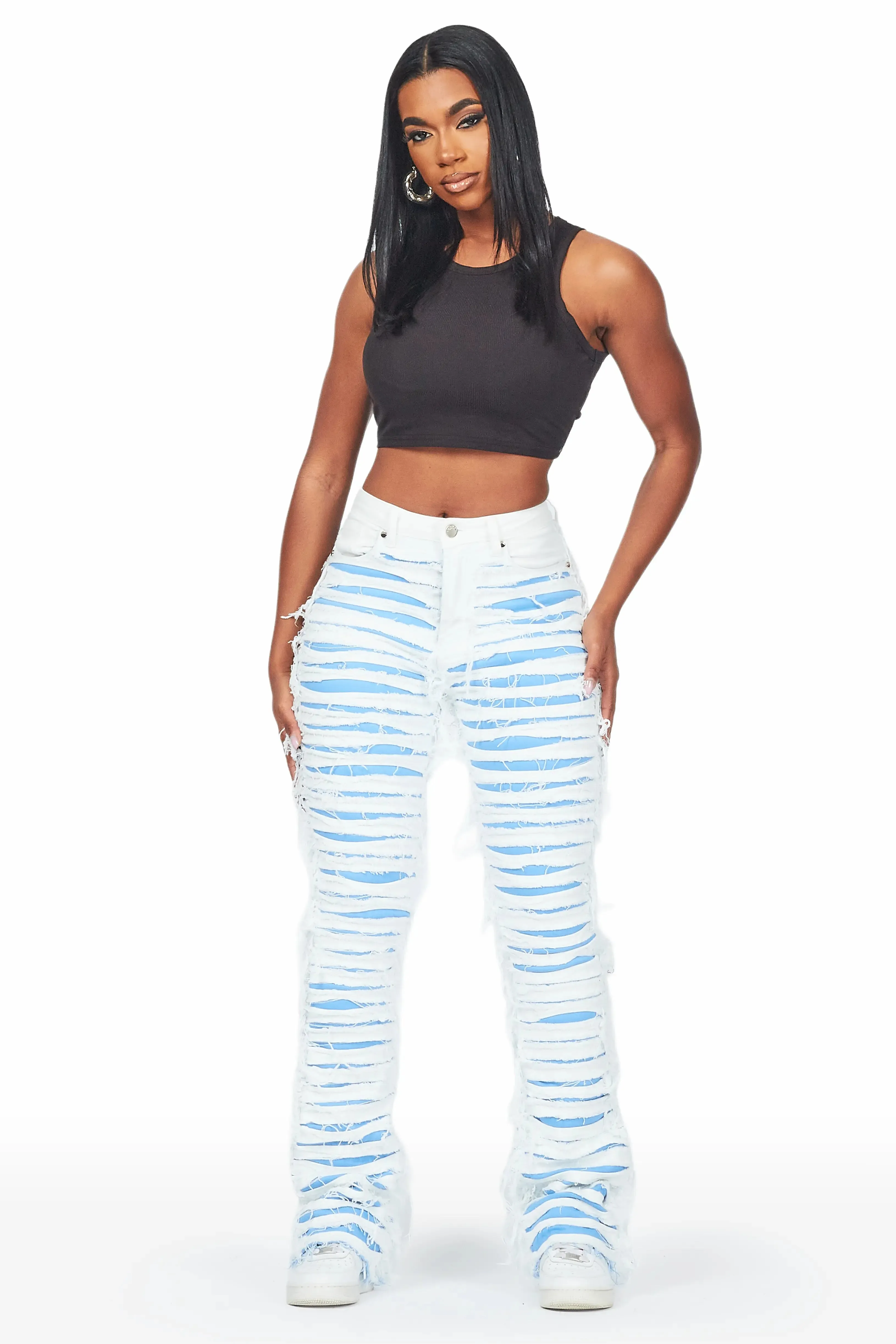 Melany White/Blue Stacked Flared Jean sold by Rockstar Original product image thumbnail 4