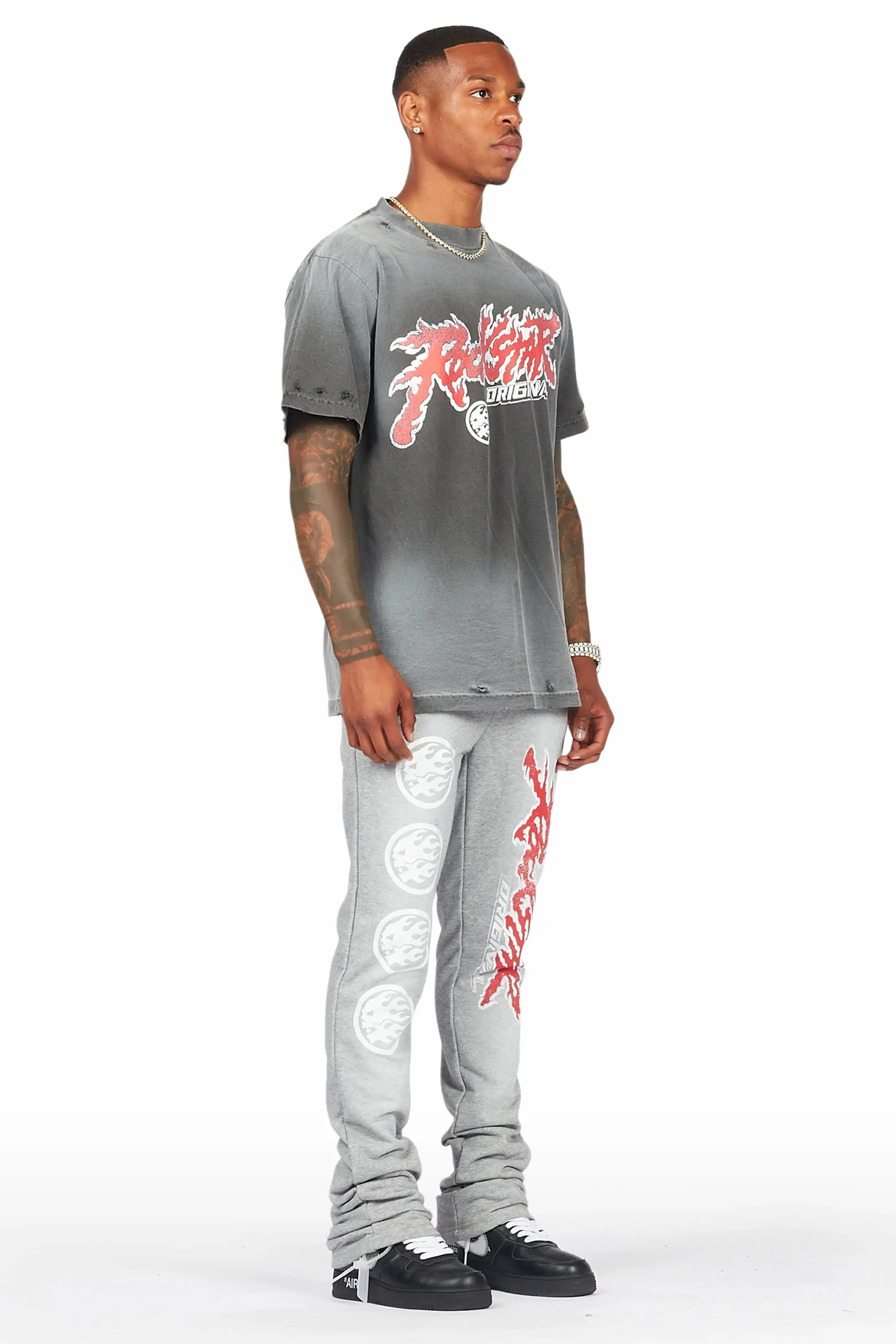 Yash Charcoal Grey T-Shirt/Stacked Flare Track Pant Set sold by Rockstar Original product image thumbnail 3
