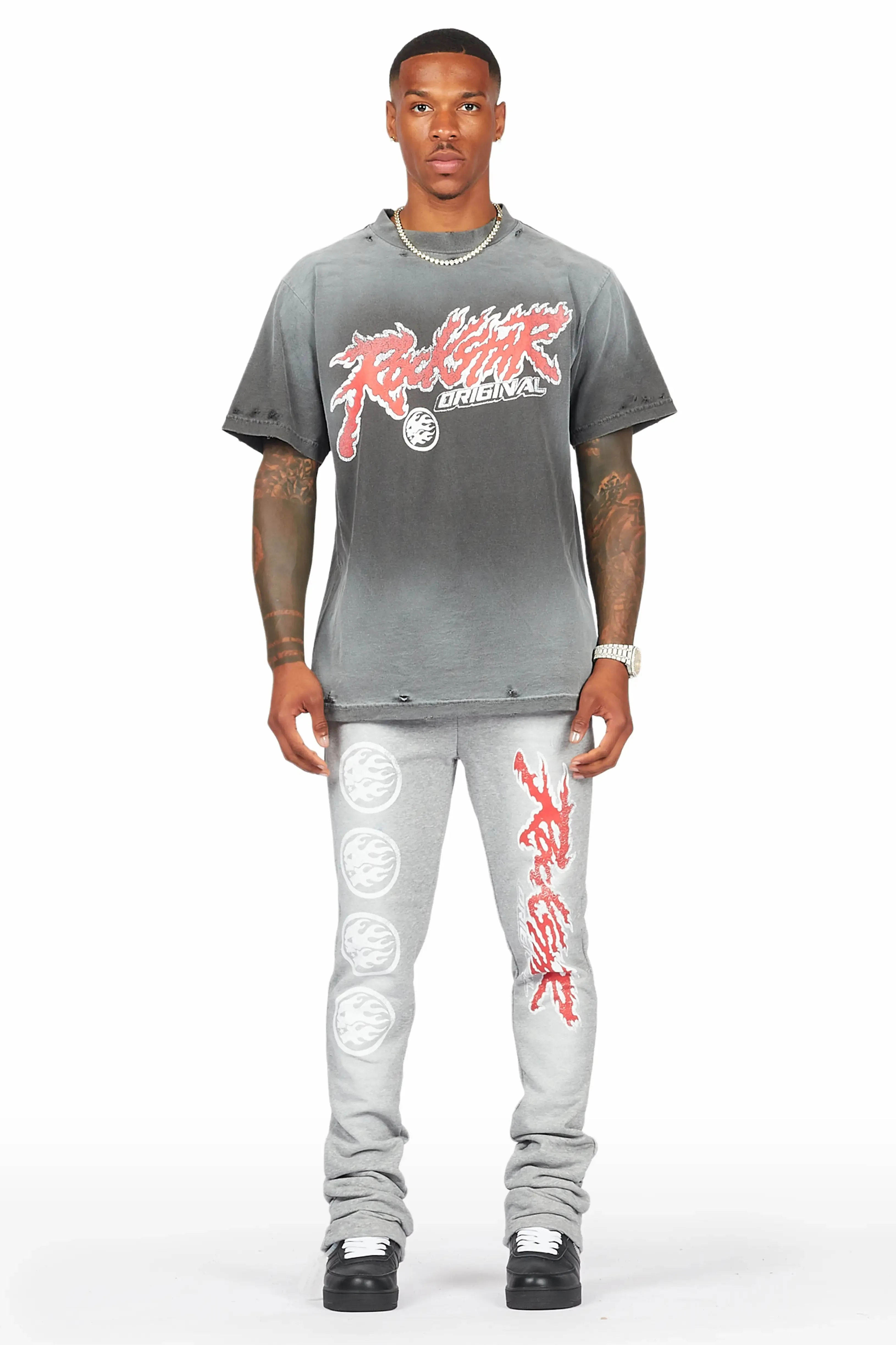 Yash Charcoal Grey T-Shirt/Stacked Flare Track Pant Set sold by Rockstar Original product image thumbnail 2