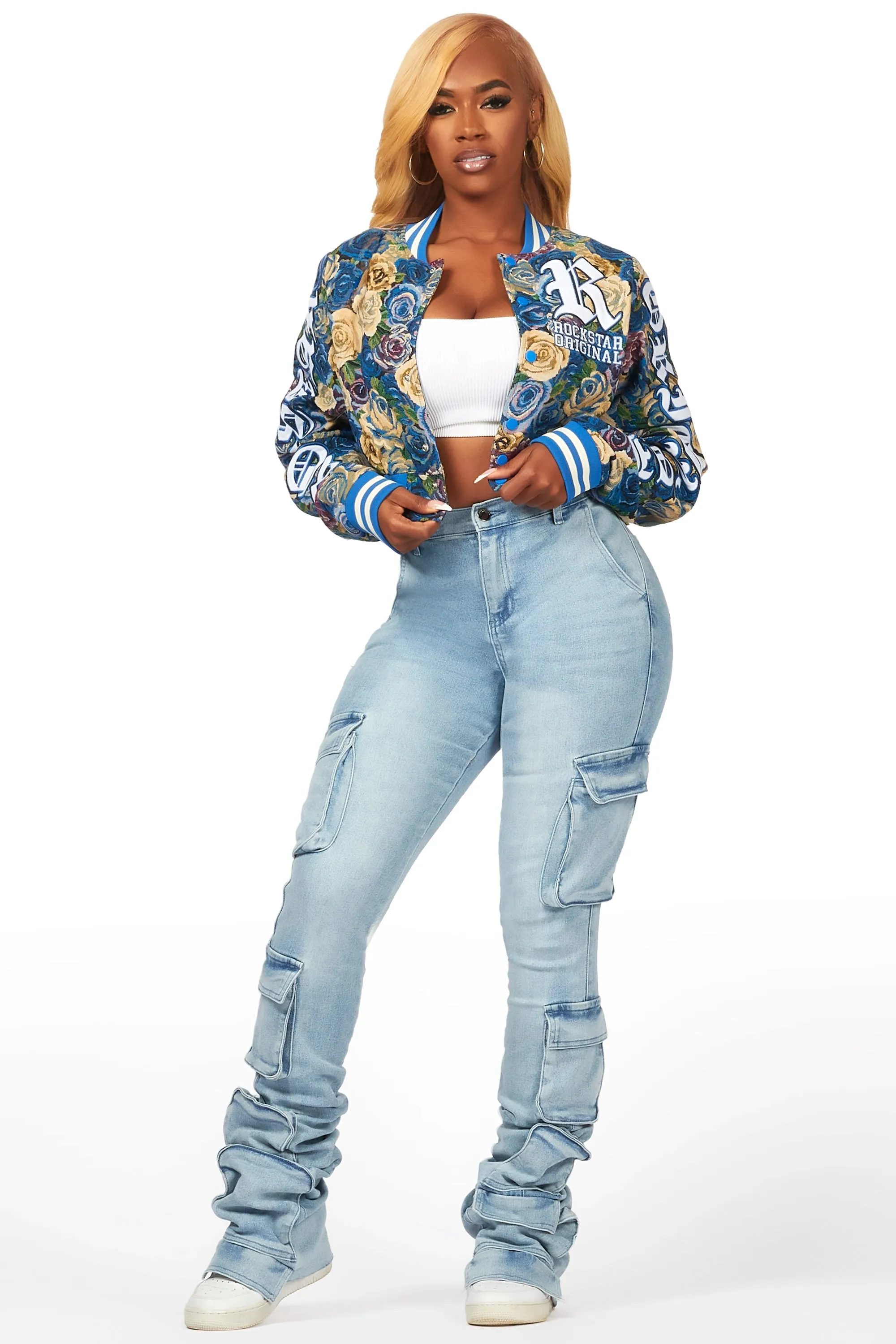 Kyiori Blue Crop Tapestry Varsity Jacket sold by Rockstar Original product image thumbnail 2