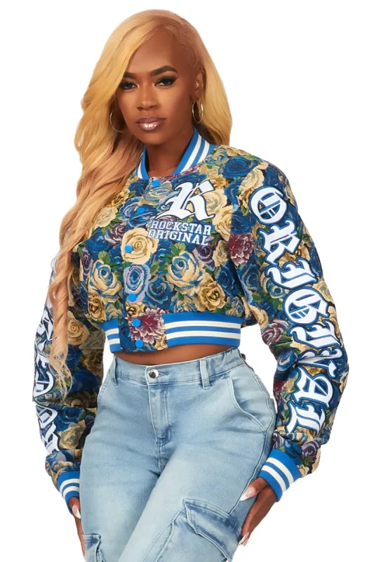 Kyiori Blue Crop Tapestry Varsity Jacket sold by Rockstar Original