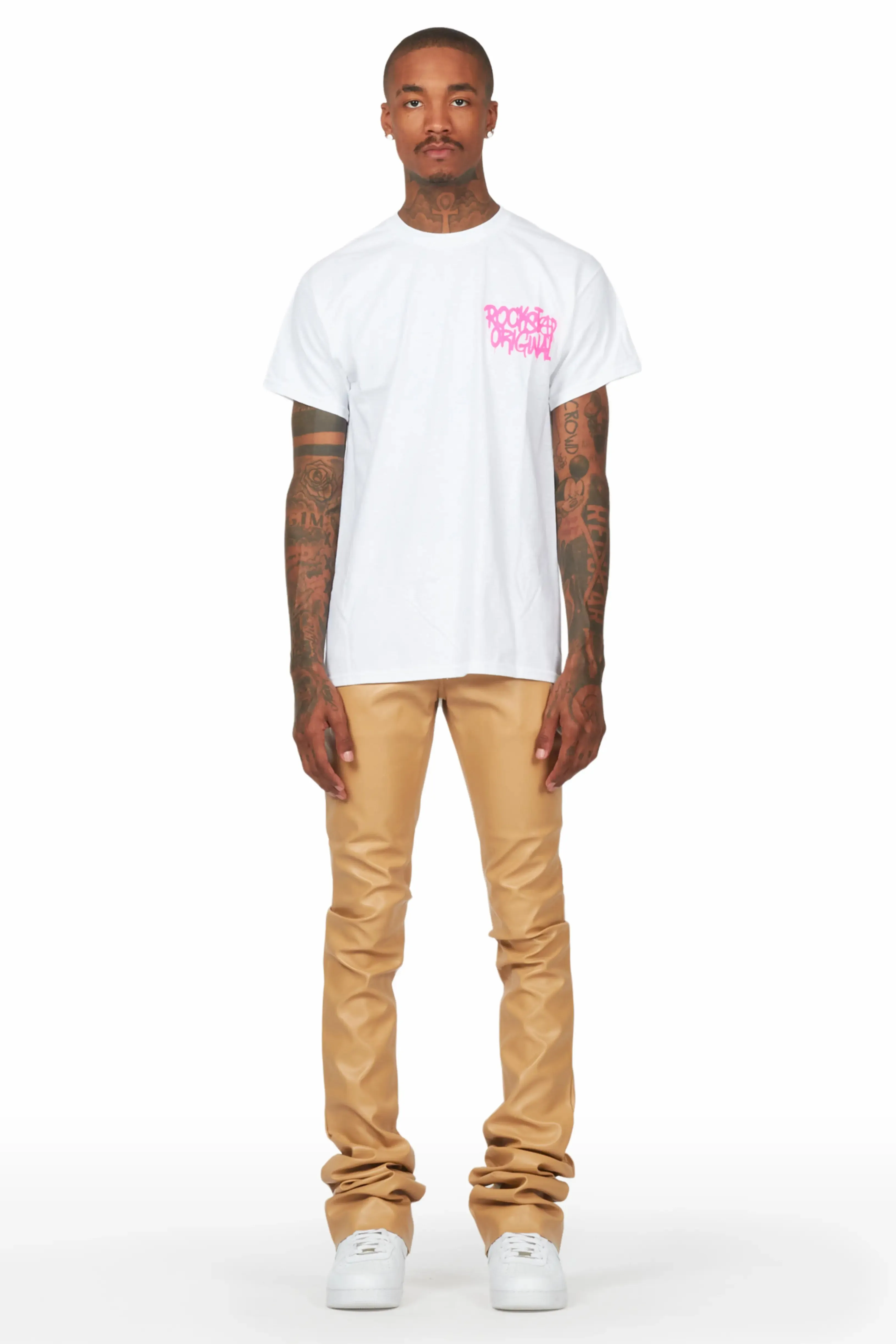 Badbich White T-Shirt & Ricky Tan Super Stacked Faux Leather Pant Bundle sold by Rockstar Original product image thumbnail 3