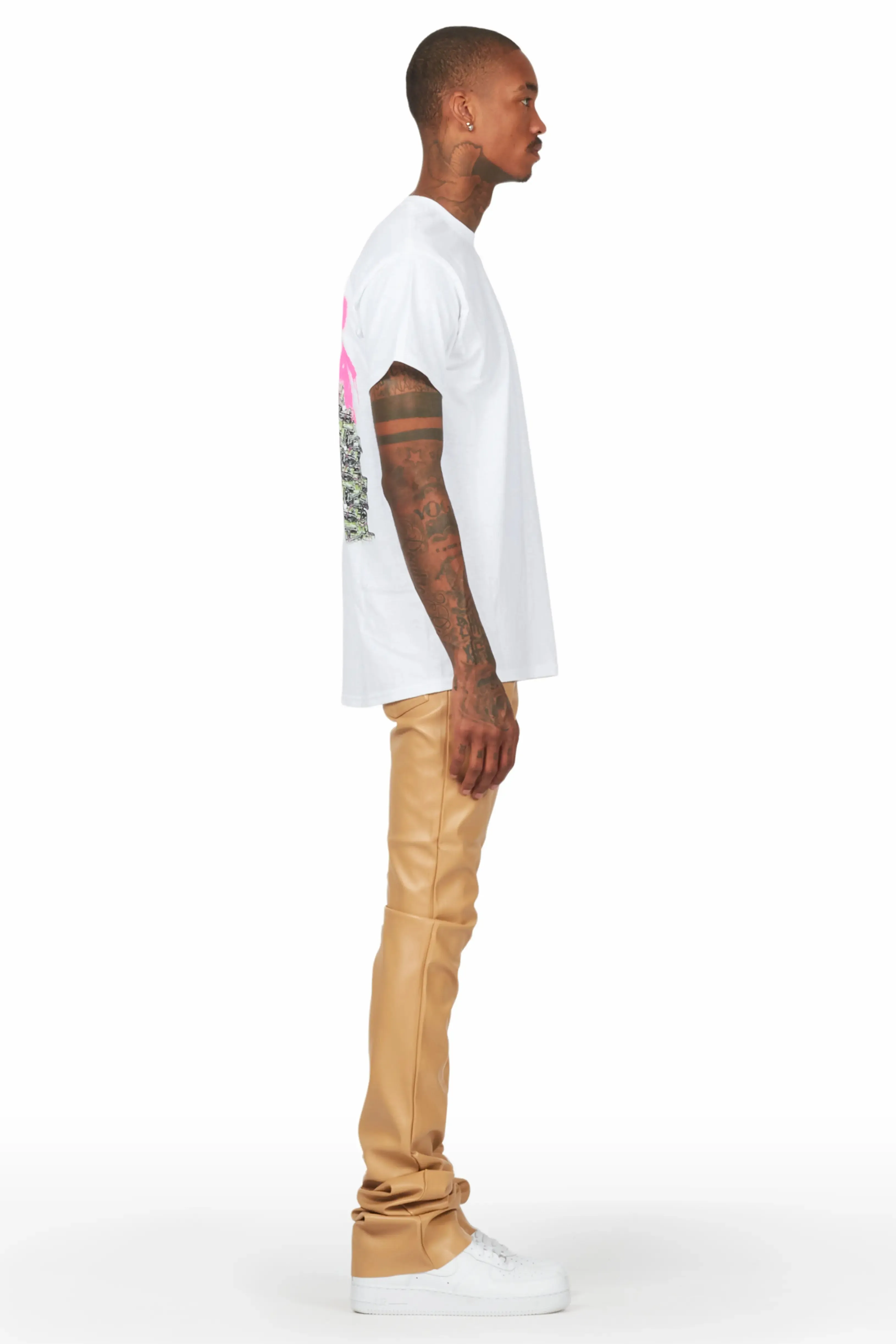 Badbich White T-Shirt & Ricky Tan Super Stacked Faux Leather Pant Bundle sold by Rockstar Original product image thumbnail 4