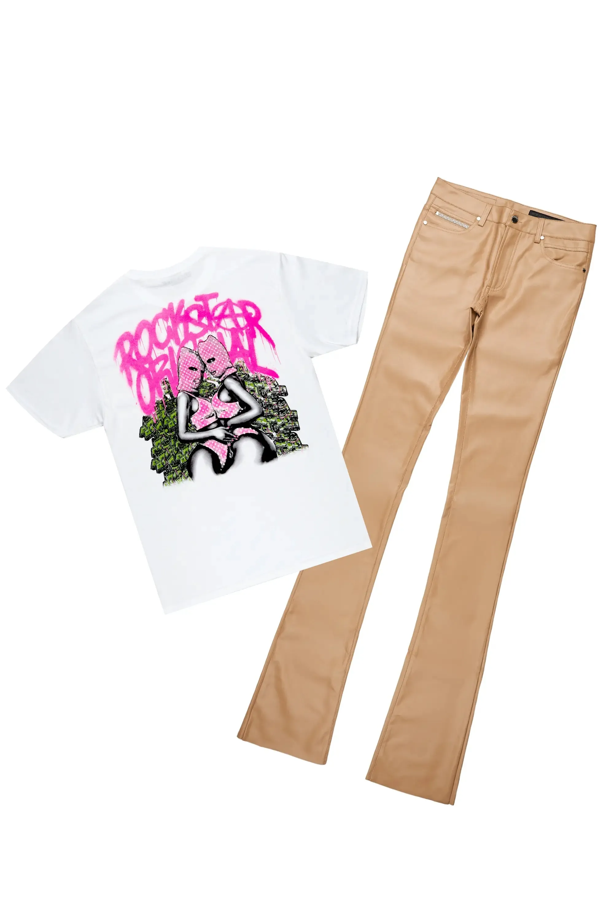 Badbich White T-Shirt & Ricky Tan Super Stacked Faux Leather Pant Bundle sold by Rockstar Original