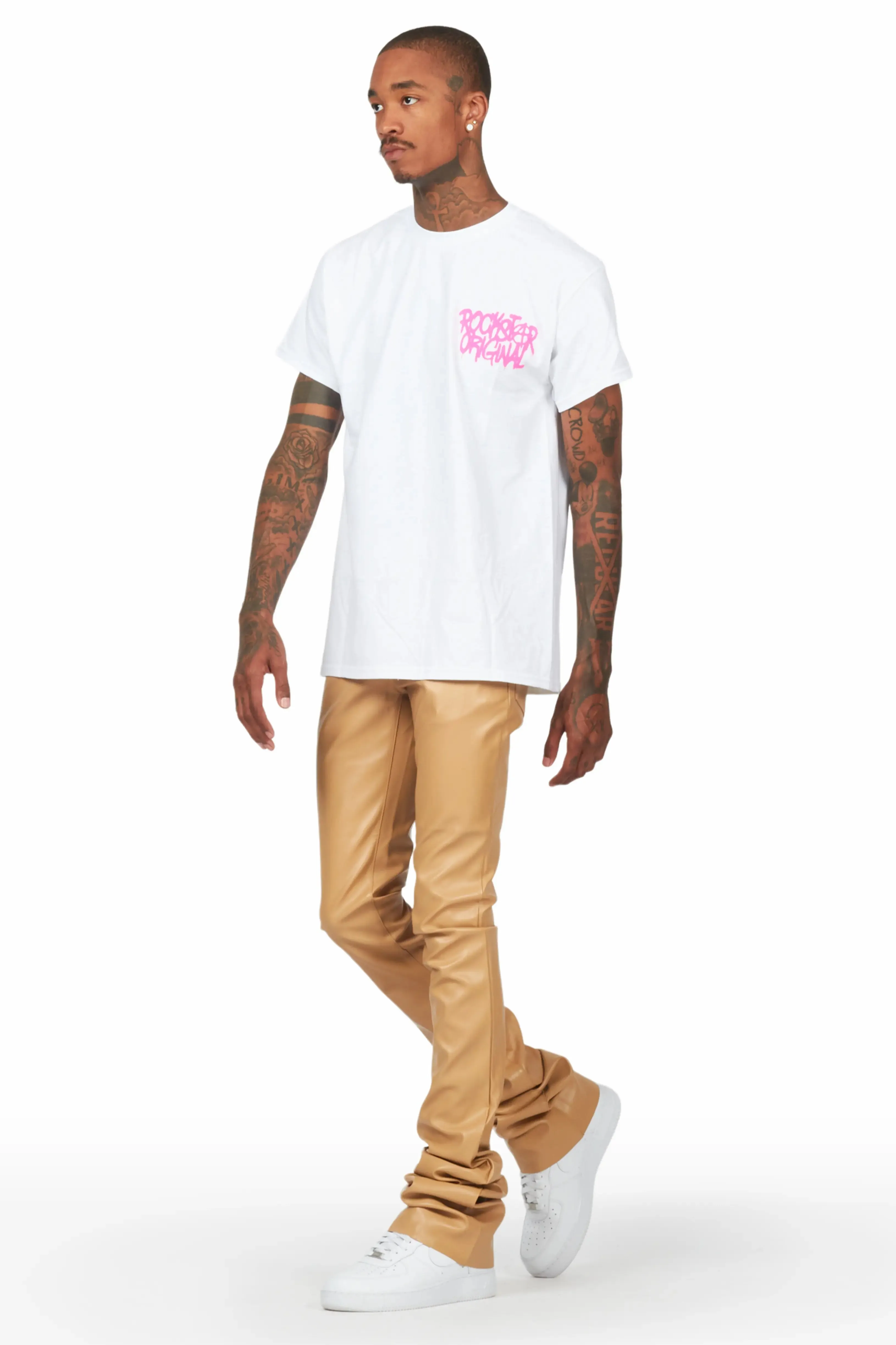 Badbich White T-Shirt & Ricky Tan Super Stacked Faux Leather Pant Bundle sold by Rockstar Original product image thumbnail 5