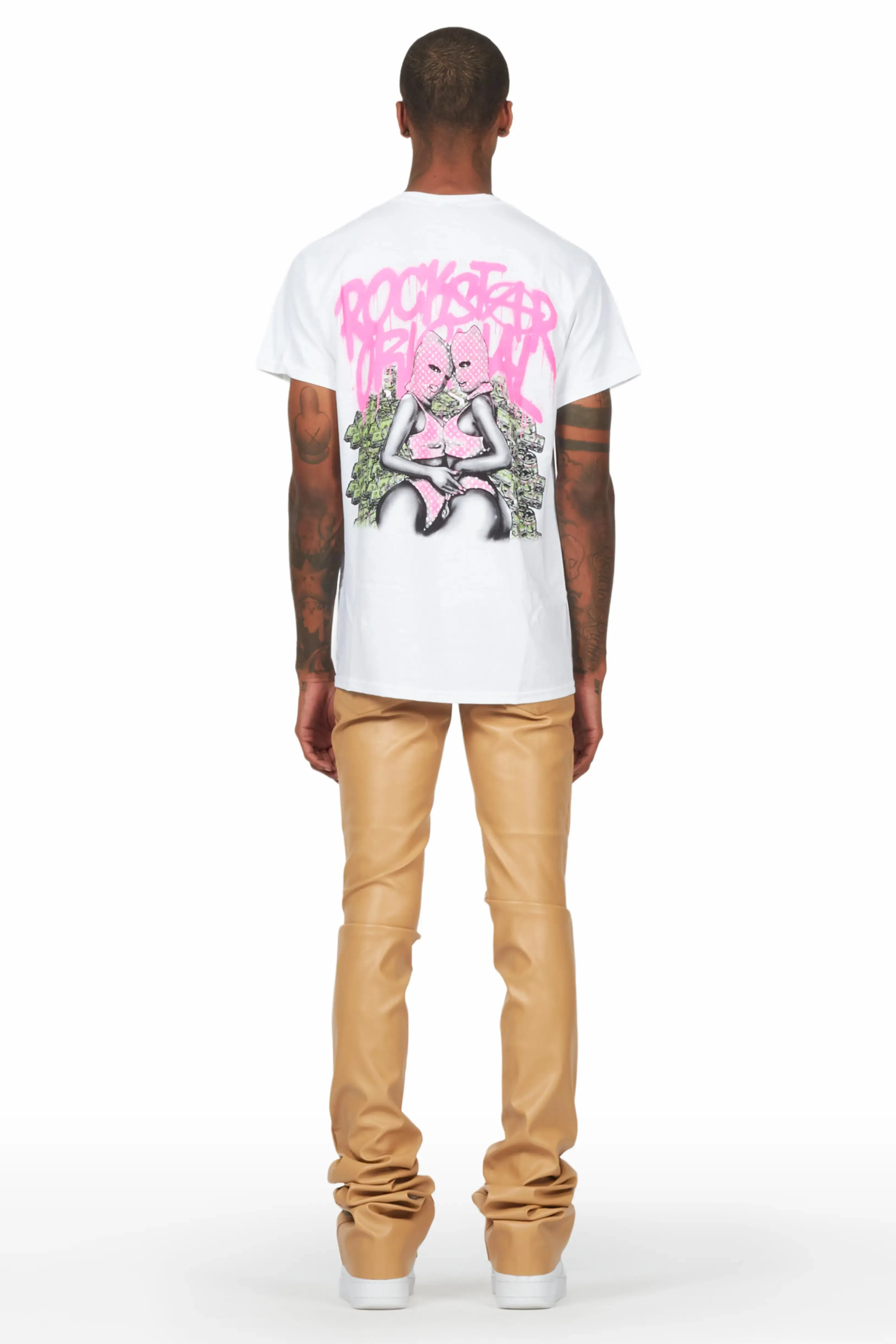 Badbich White T-Shirt & Ricky Tan Super Stacked Faux Leather Pant Bundle sold by Rockstar Original product image thumbnail 2