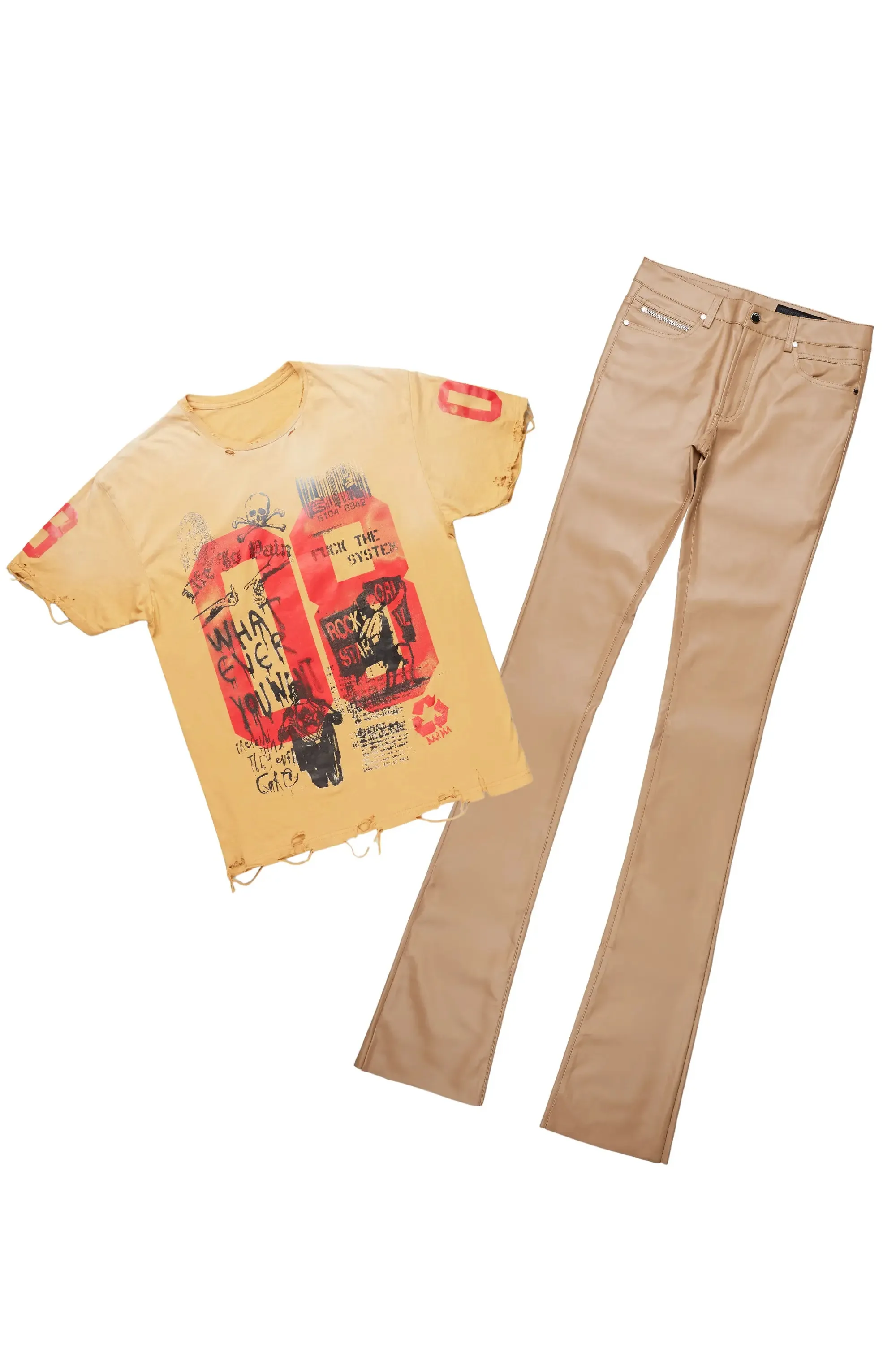 Grill Beige Oversized T-Shirt & Ricky Super Stacked Flare Jean Bundle sold by Rockstar Original
