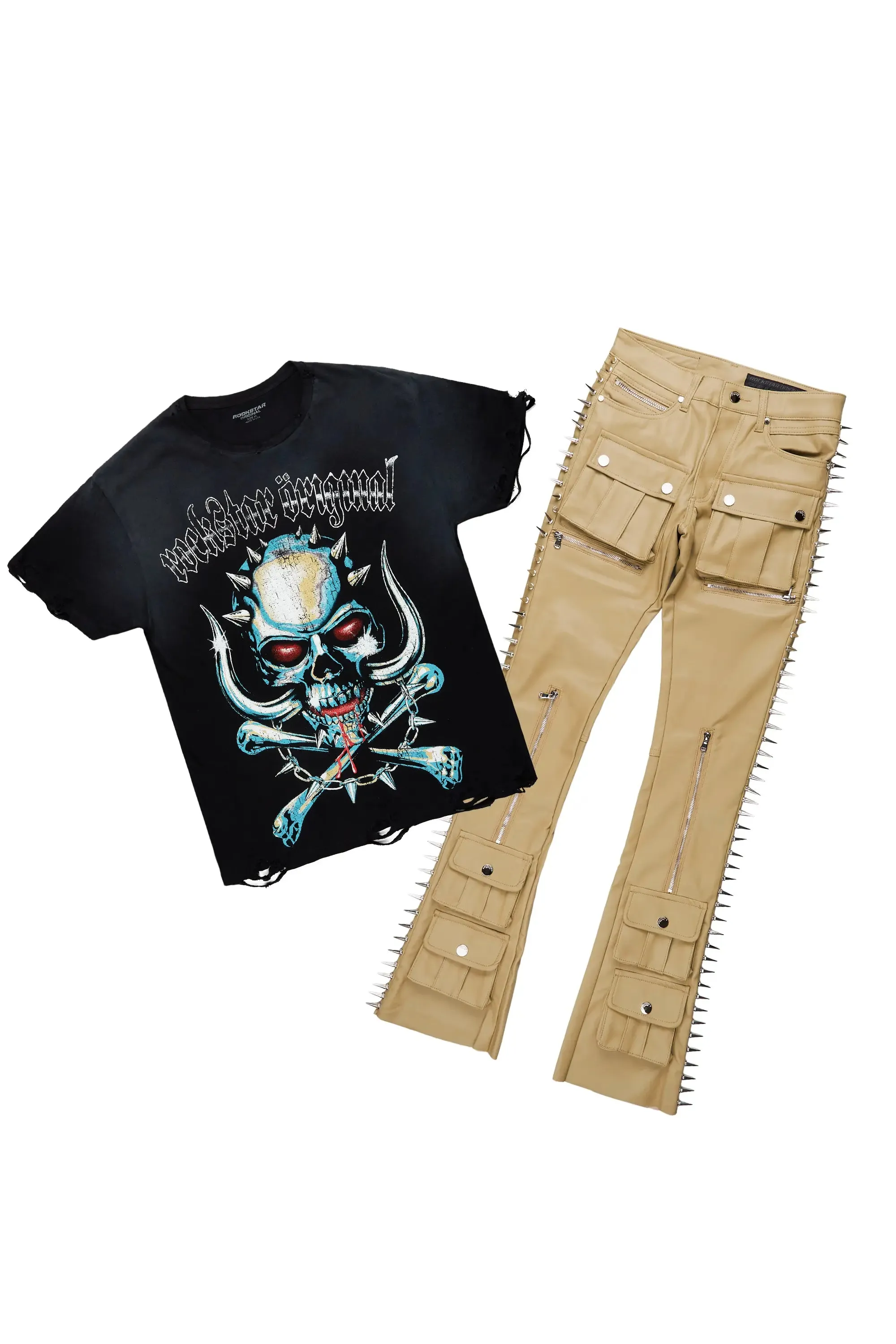 Inner Luv Black Oversized T-Shirt & Leopold Beige PU Stacked Flare Jean Bundle sold by Rockstar Original