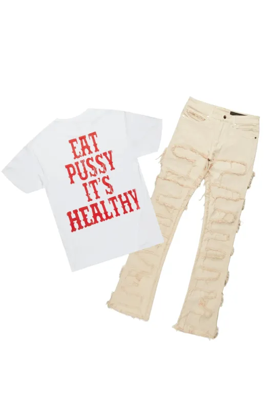 Posse White T-Shirt & Shake Beige Stacked Jean Bundle sold by Rockstar Original
