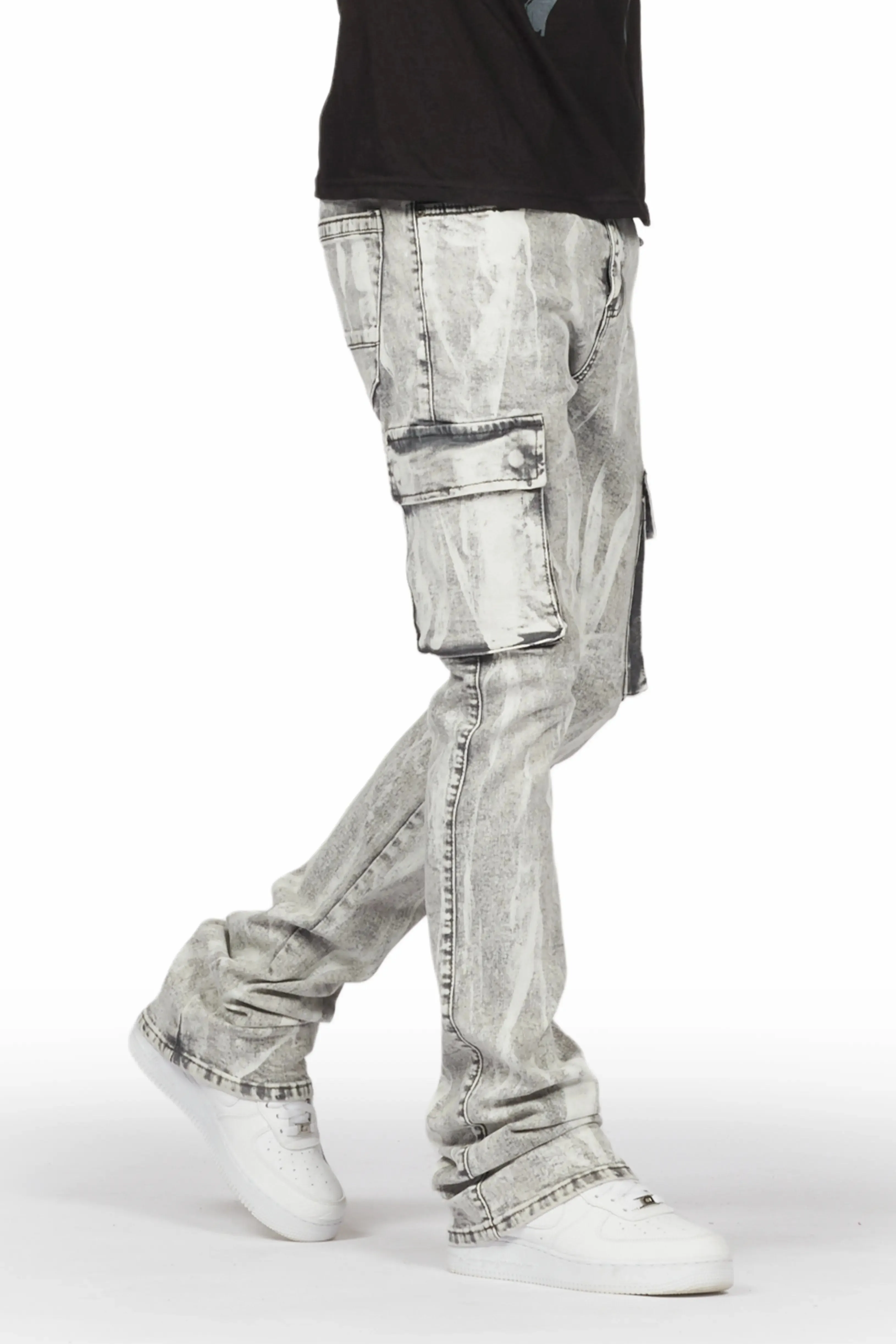 Dandy Light Grey Stacked Flare Cargo Jean sold by Rockstar Original