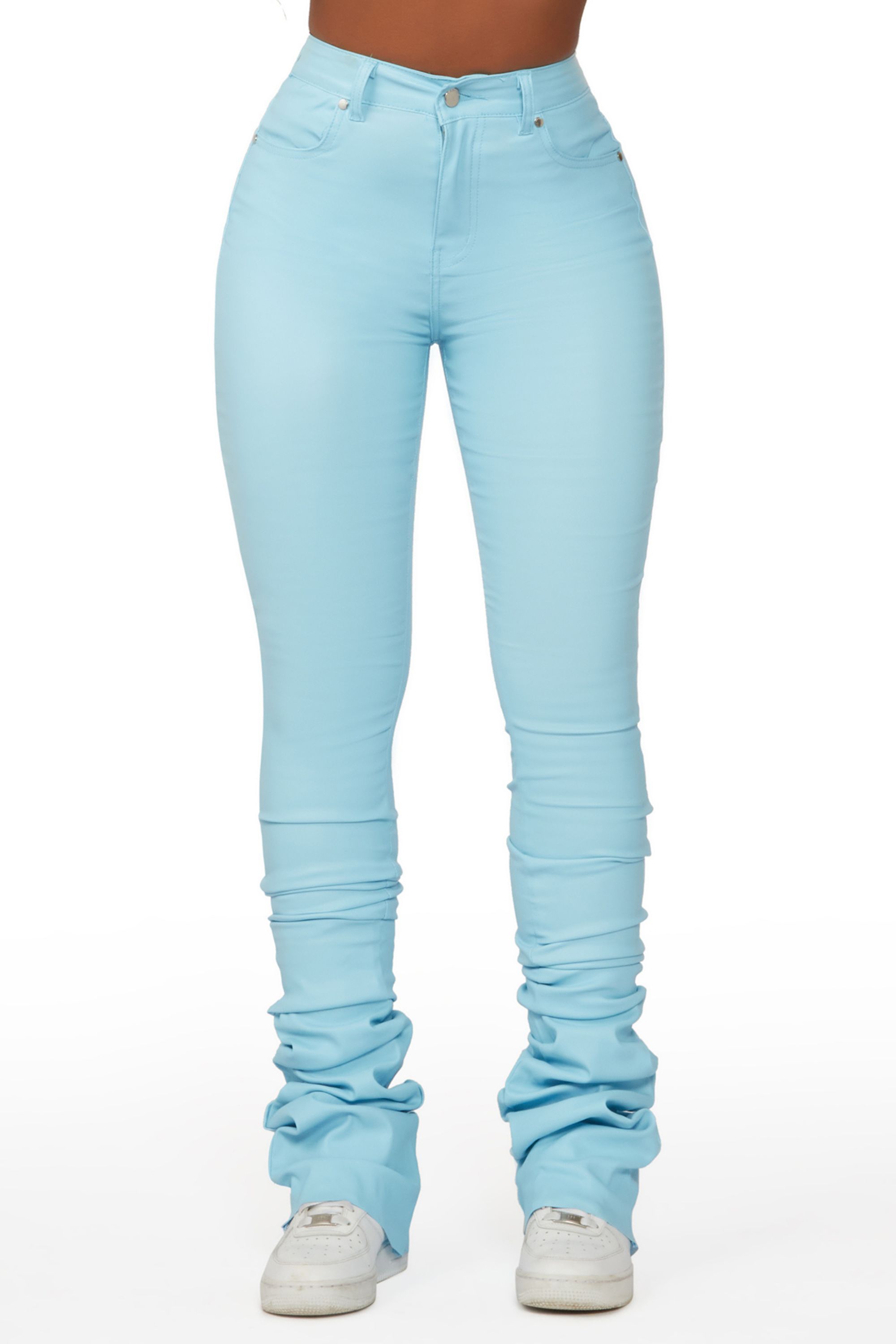 Pay Attention Light Blue PU Stacked Flare Pant sold by Rockstar Original