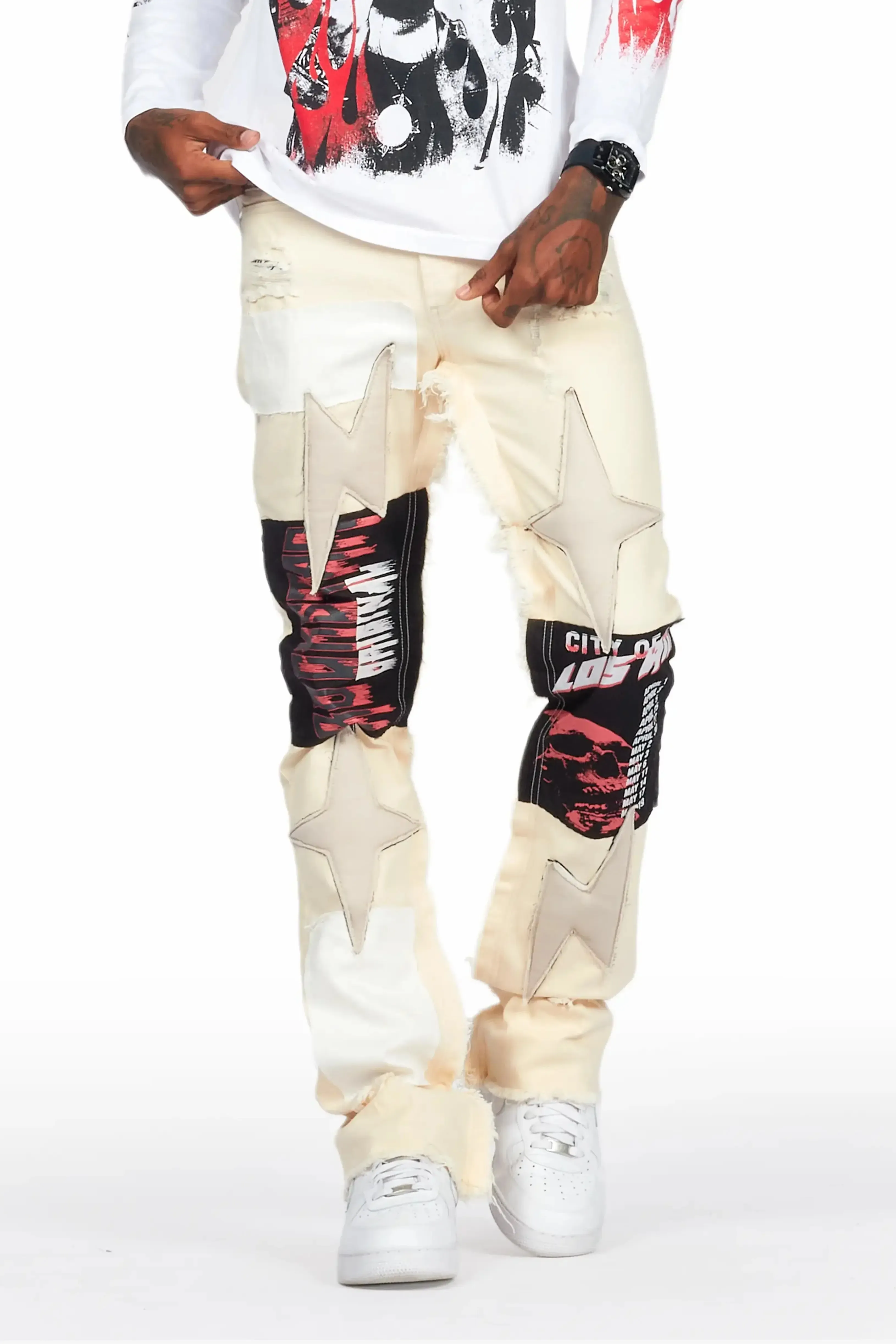 Rhys Beige Patchwork Stacked Flare Jean sold by Rockstar Original