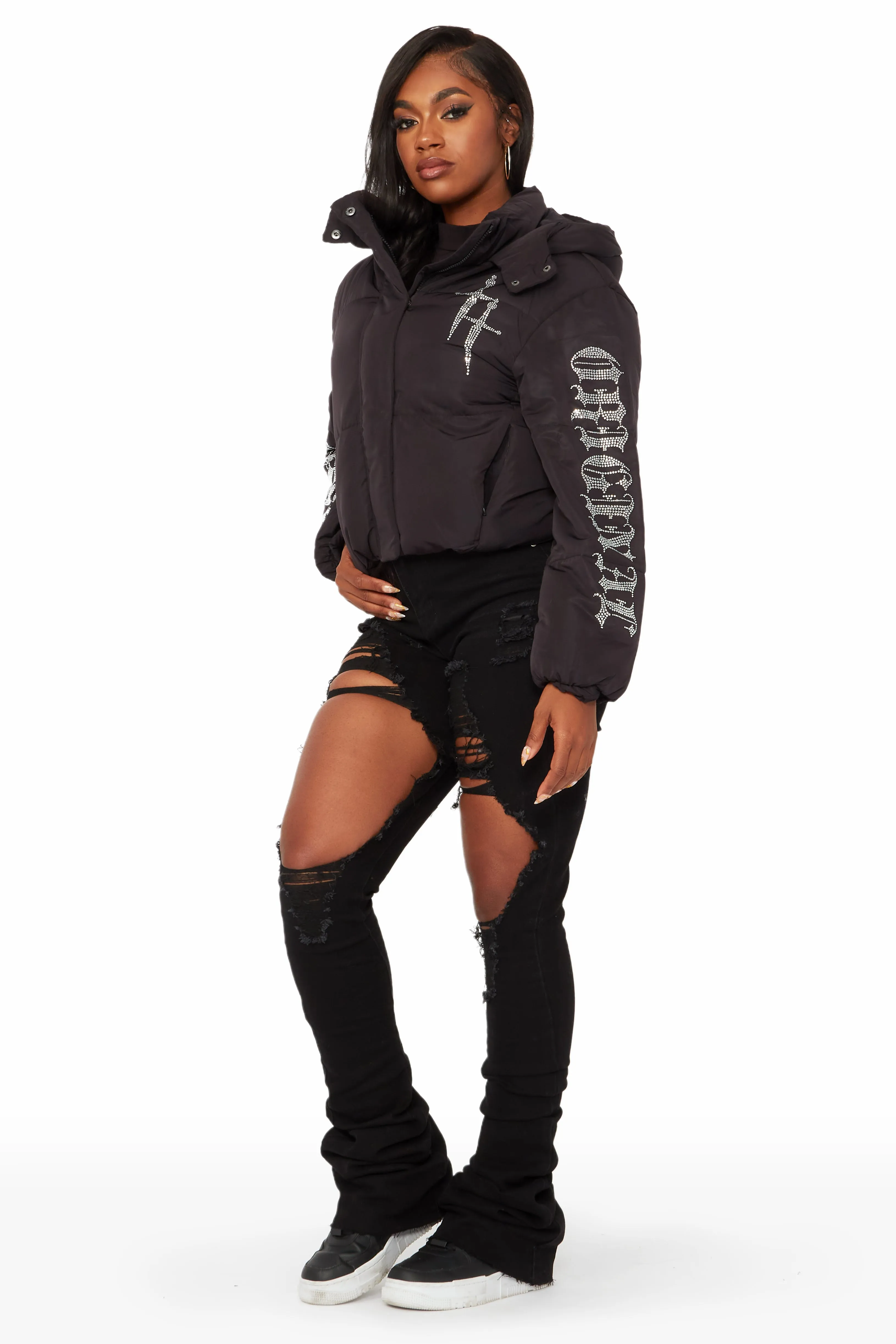 Kalisha Black Rhinestone Puffer Jacket sold by Rockstar Original product image thumbnail 5