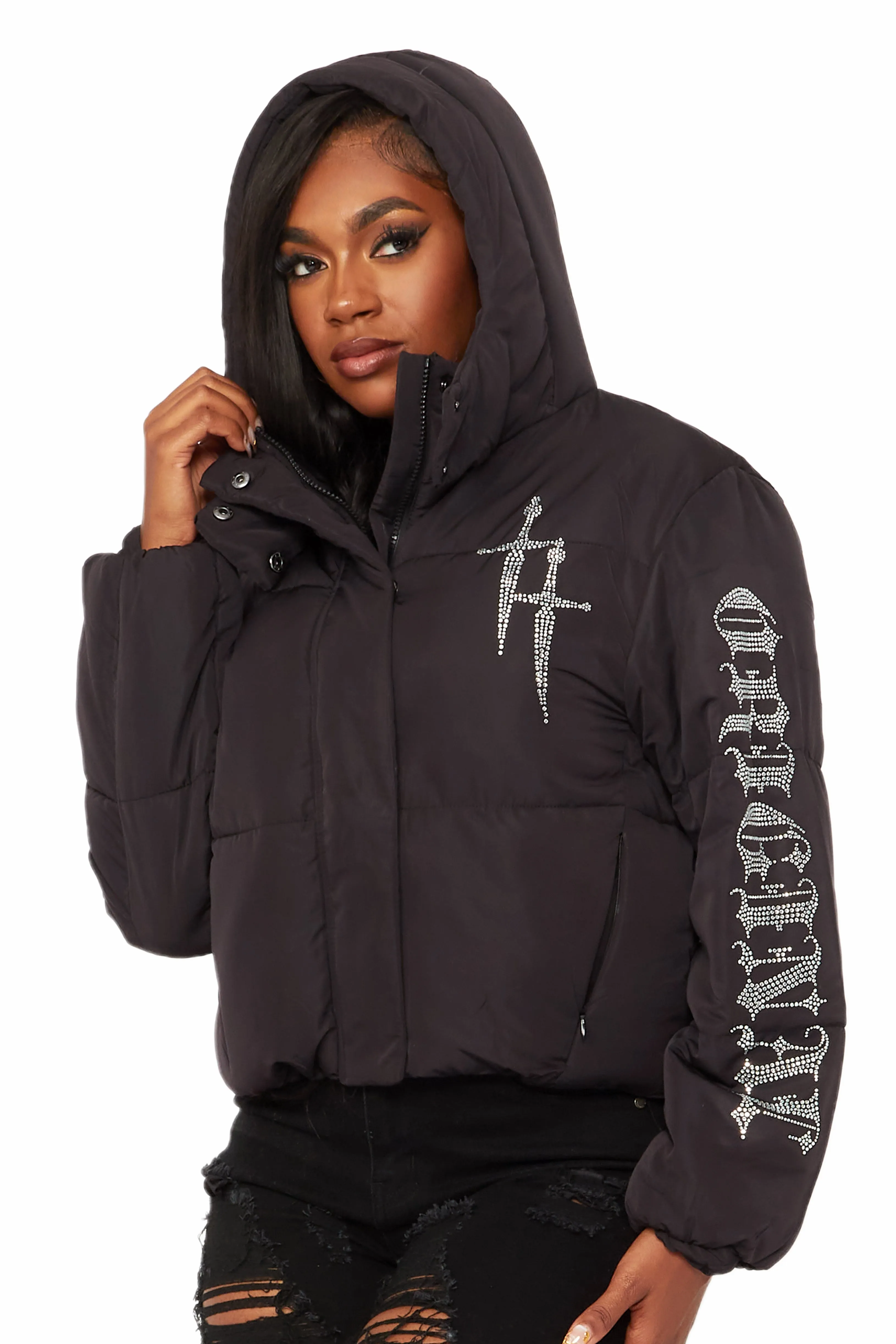 Kalisha Black Rhinestone Puffer Jacket sold by Rockstar Original product image thumbnail 4