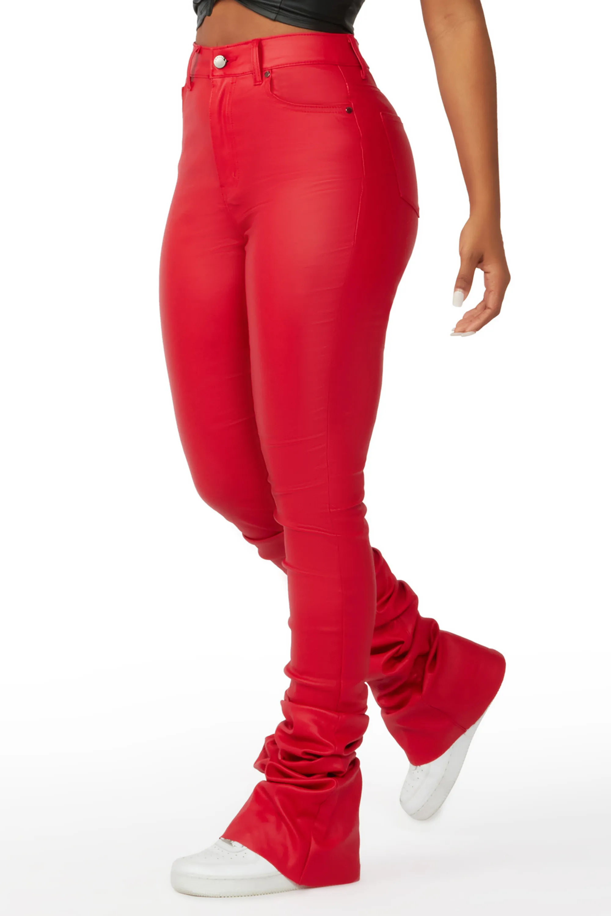 Pay Attention Red PU Super Stacked Flare Pant sold by Rockstar Original product image thumbnail 2