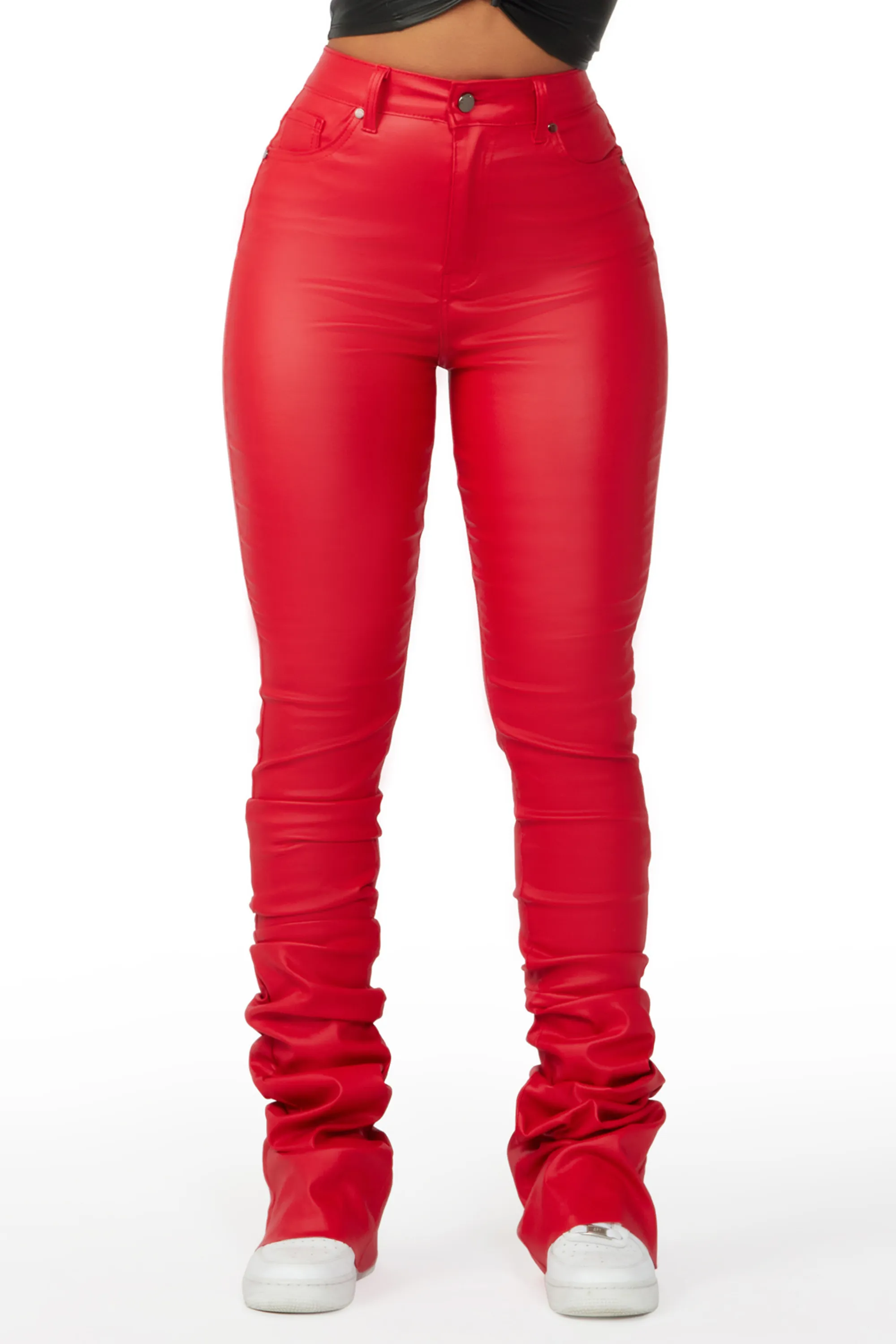 Pay Attention Red PU Super Stacked Flare Pant sold by Rockstar Original
