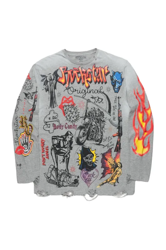Shoota Heather Grey Long Sleeve Distressed Graphic T-Shirt sold by Rockstar Original