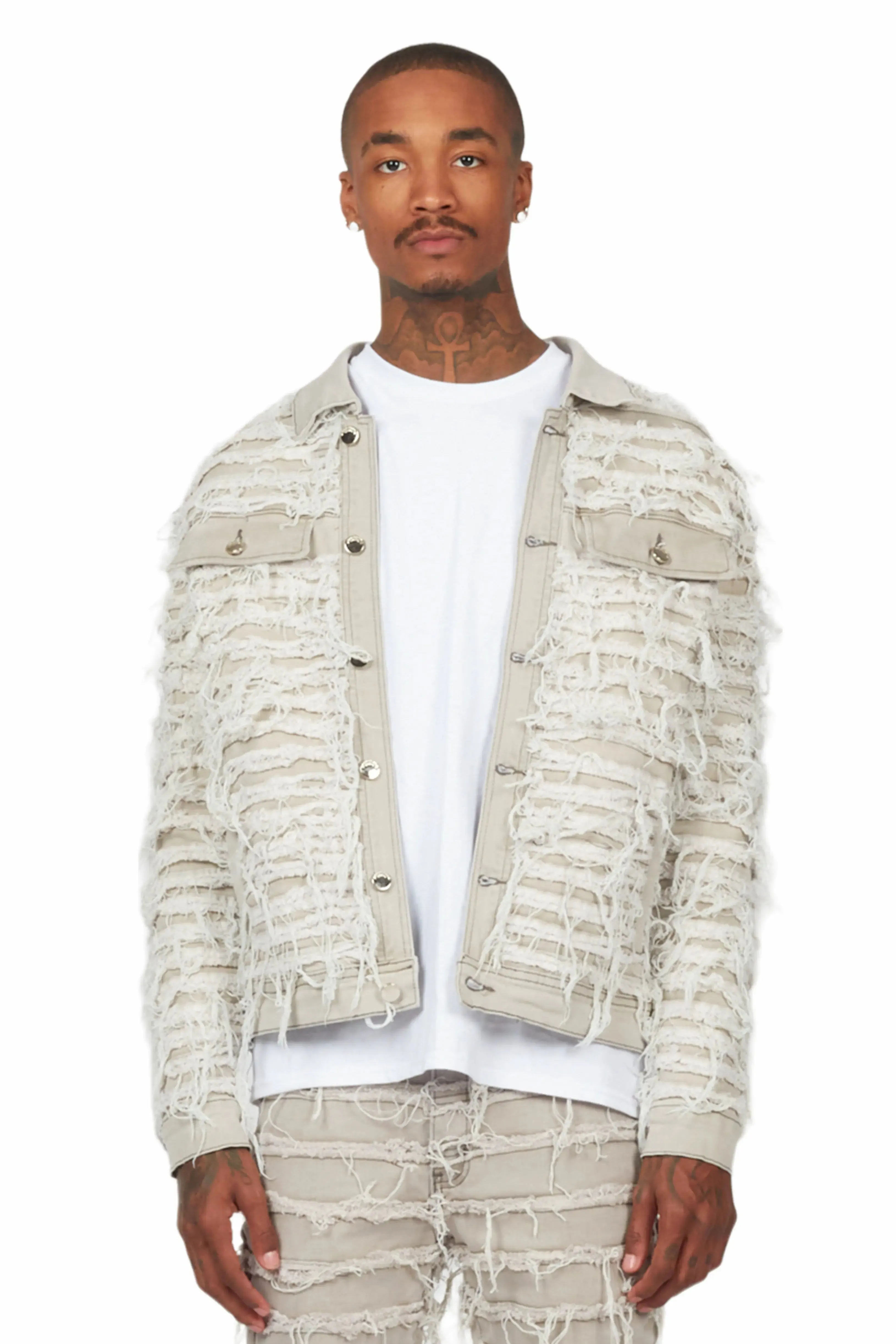 Ayan Grey Distressed Denim Jacket sold by Rockstar Original